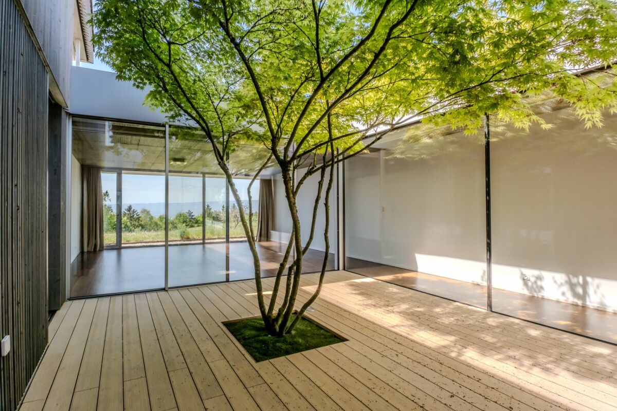 Innenhof mit Holzdeck und Glasfronten