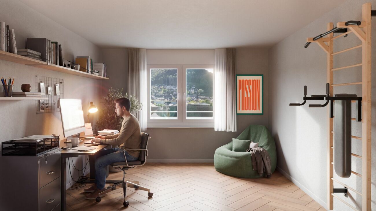 Helles Homeoffice mit Blick ins Grüne