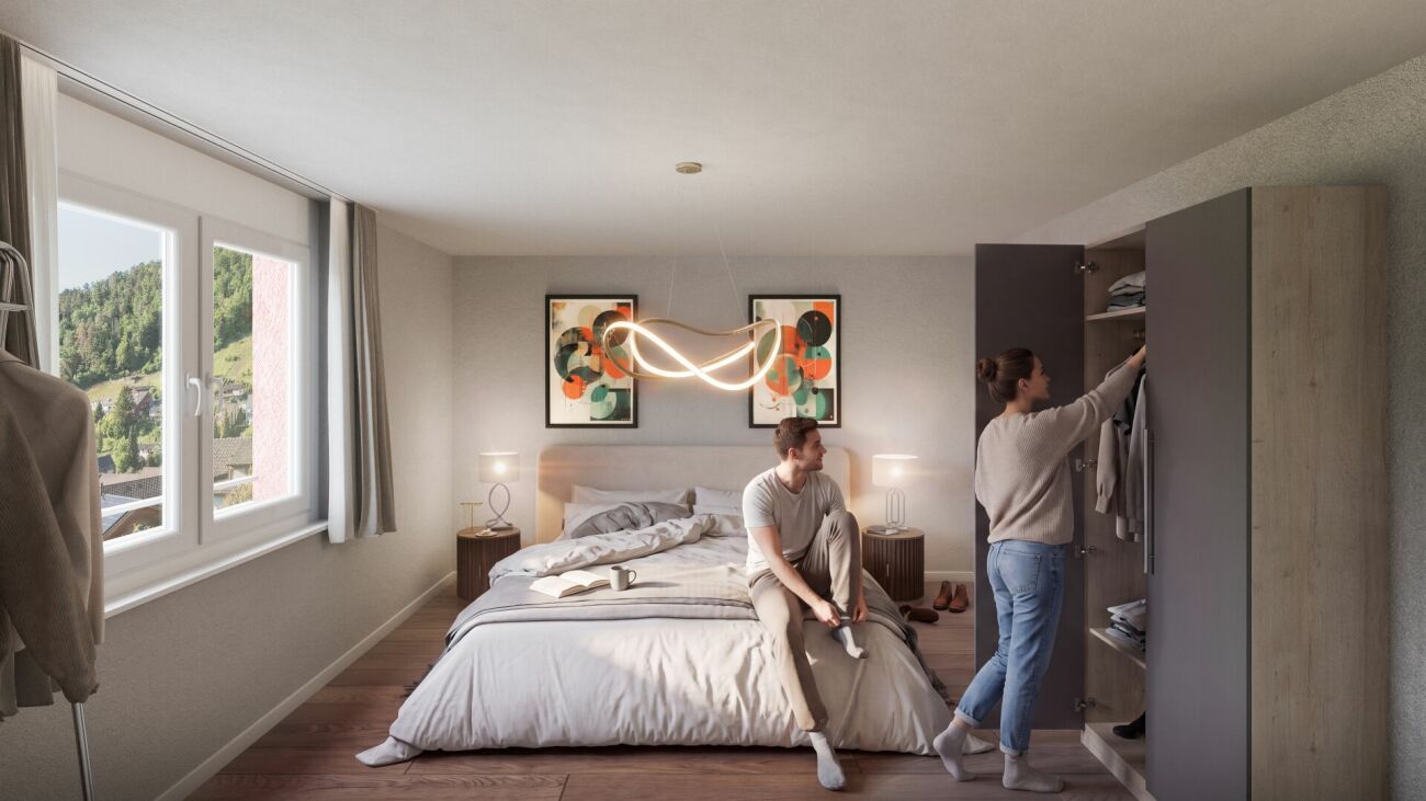 Modernes Schlafzimmer mit Ausblick und offenem Kleiderschrank