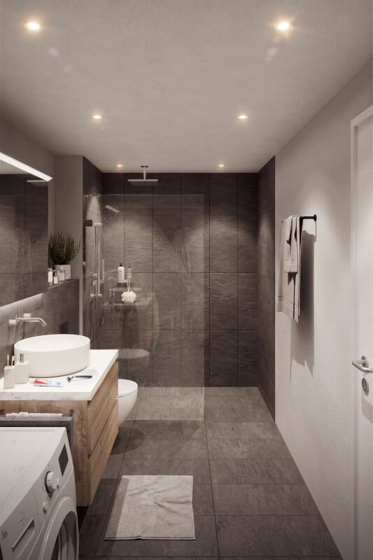 Modernes Badezimmer mit Walk-in-Dusche und Waschtisch