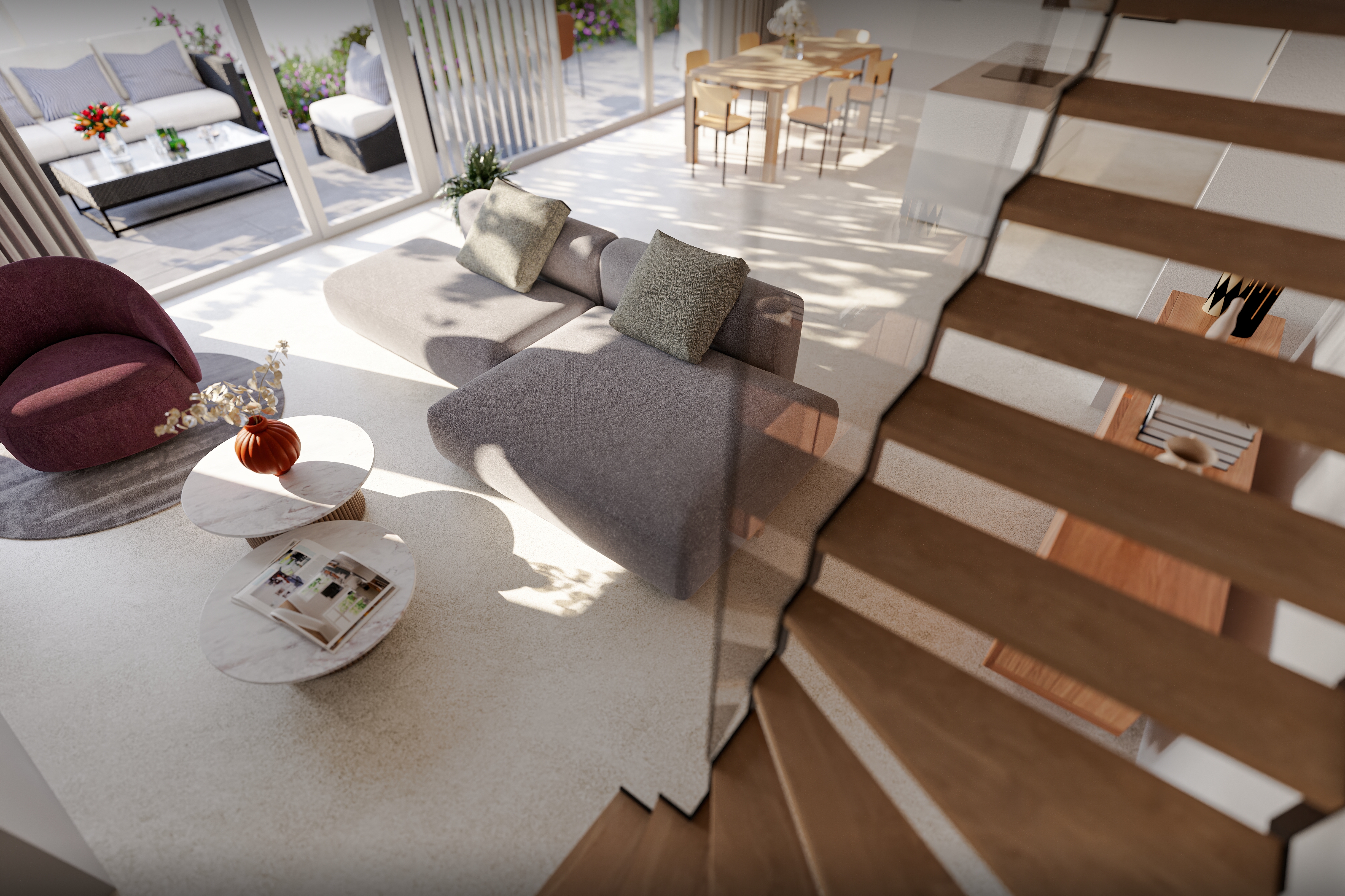 Heller Wohnbereich mit Treppe und Terrasse