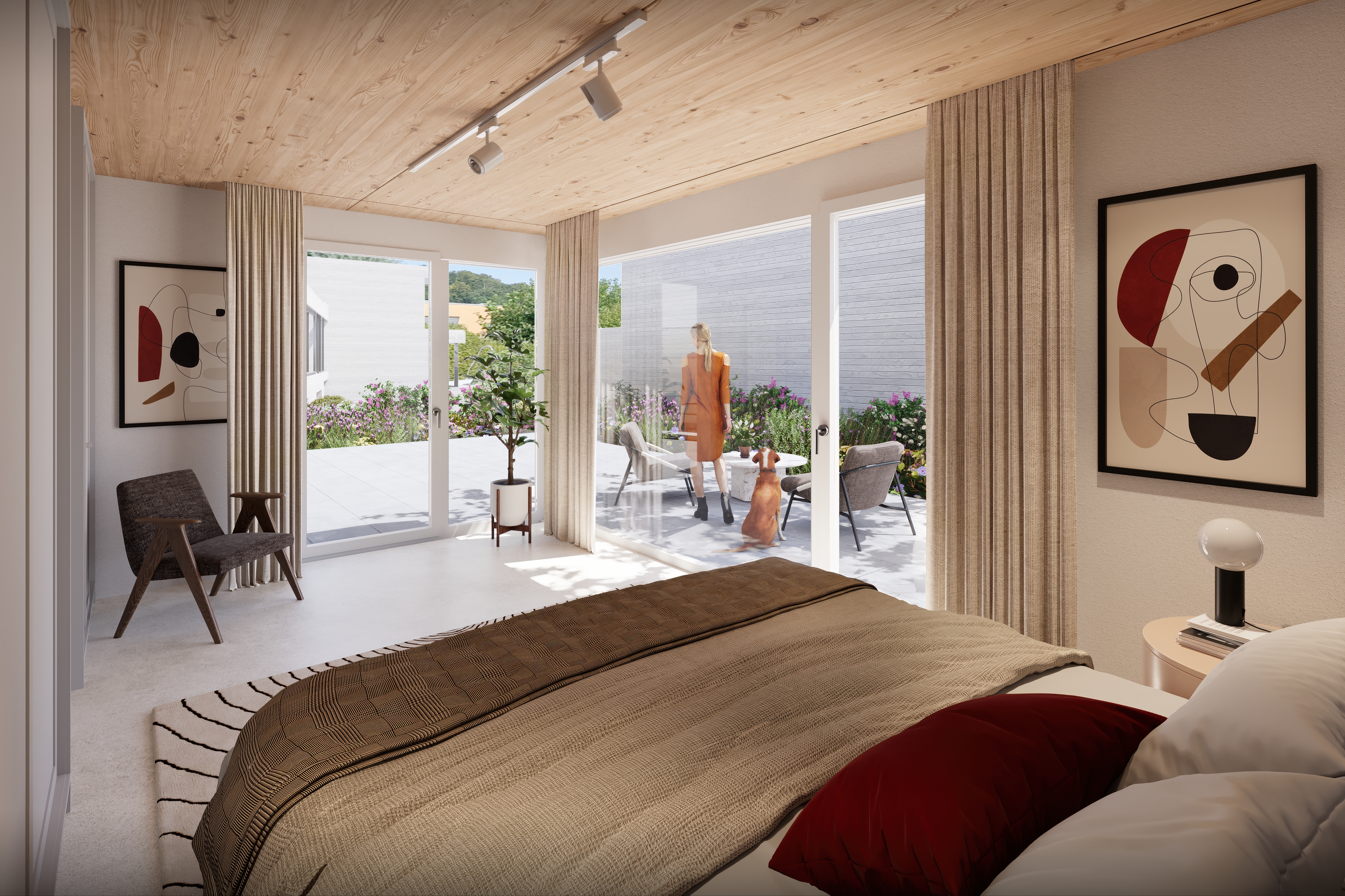 Helles Schlafzimmer mit Terrasse und Gartenblick