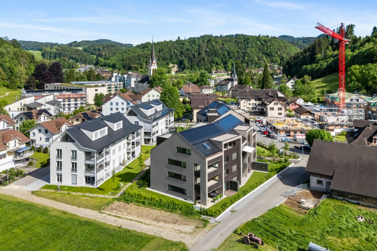 Luftaufnahme eines Wohngebiets in alpiner Umgebung