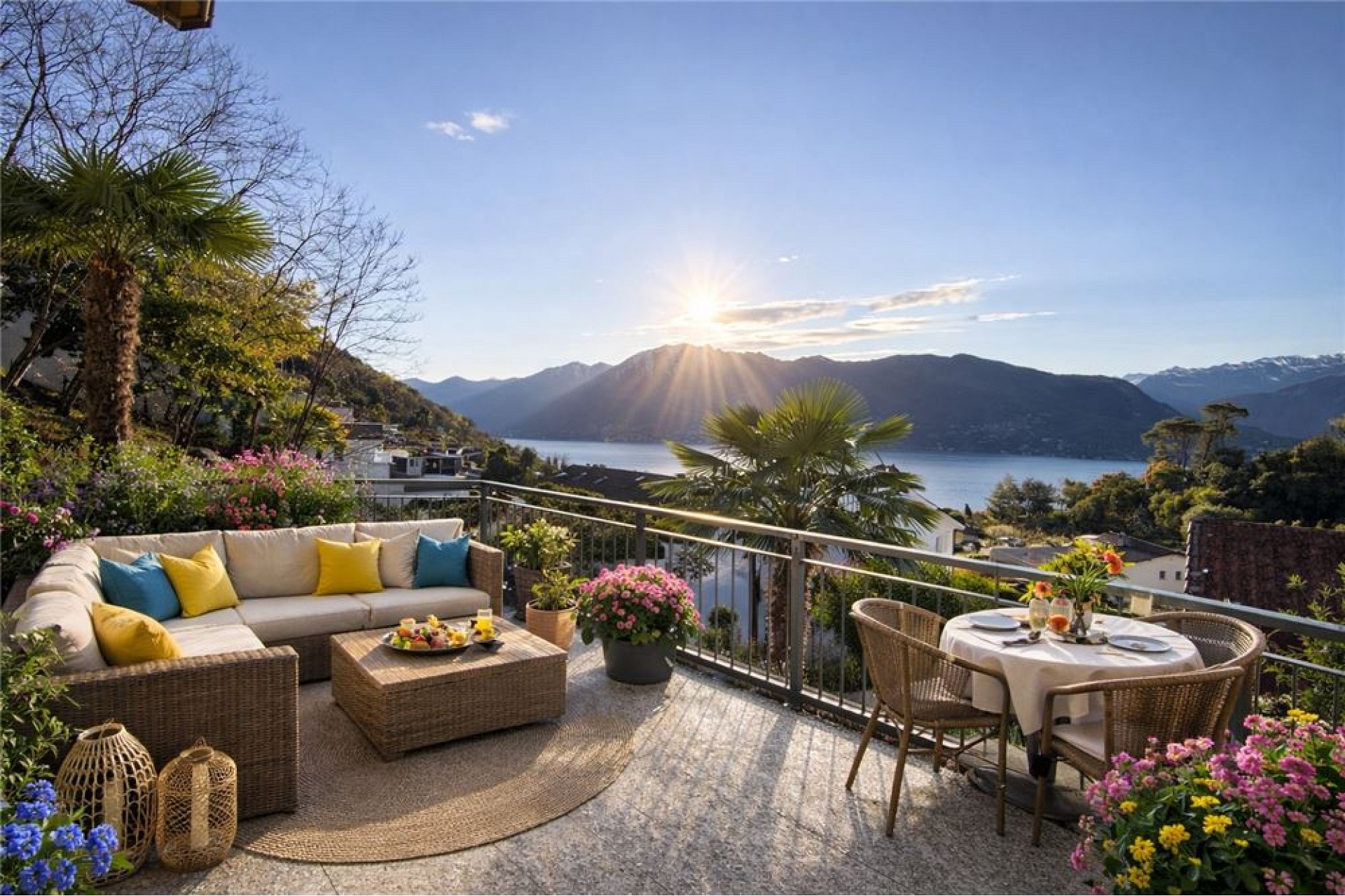 Terrasse mit Seeblick und Sonnenuntergang