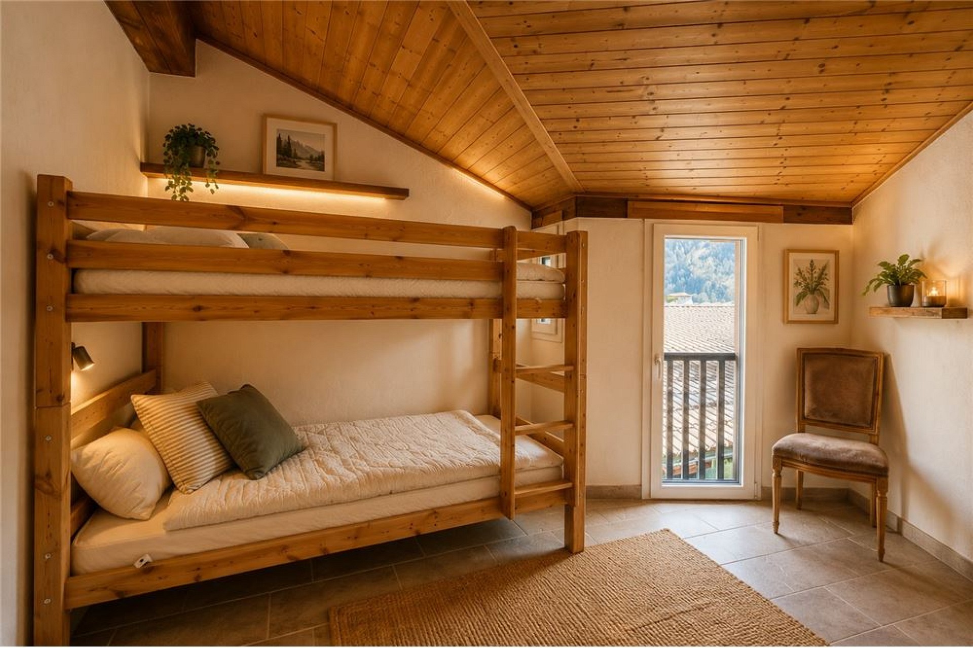 Gemütliches Schlafzimmer mit Holz-Kojenbett und Dachschräge