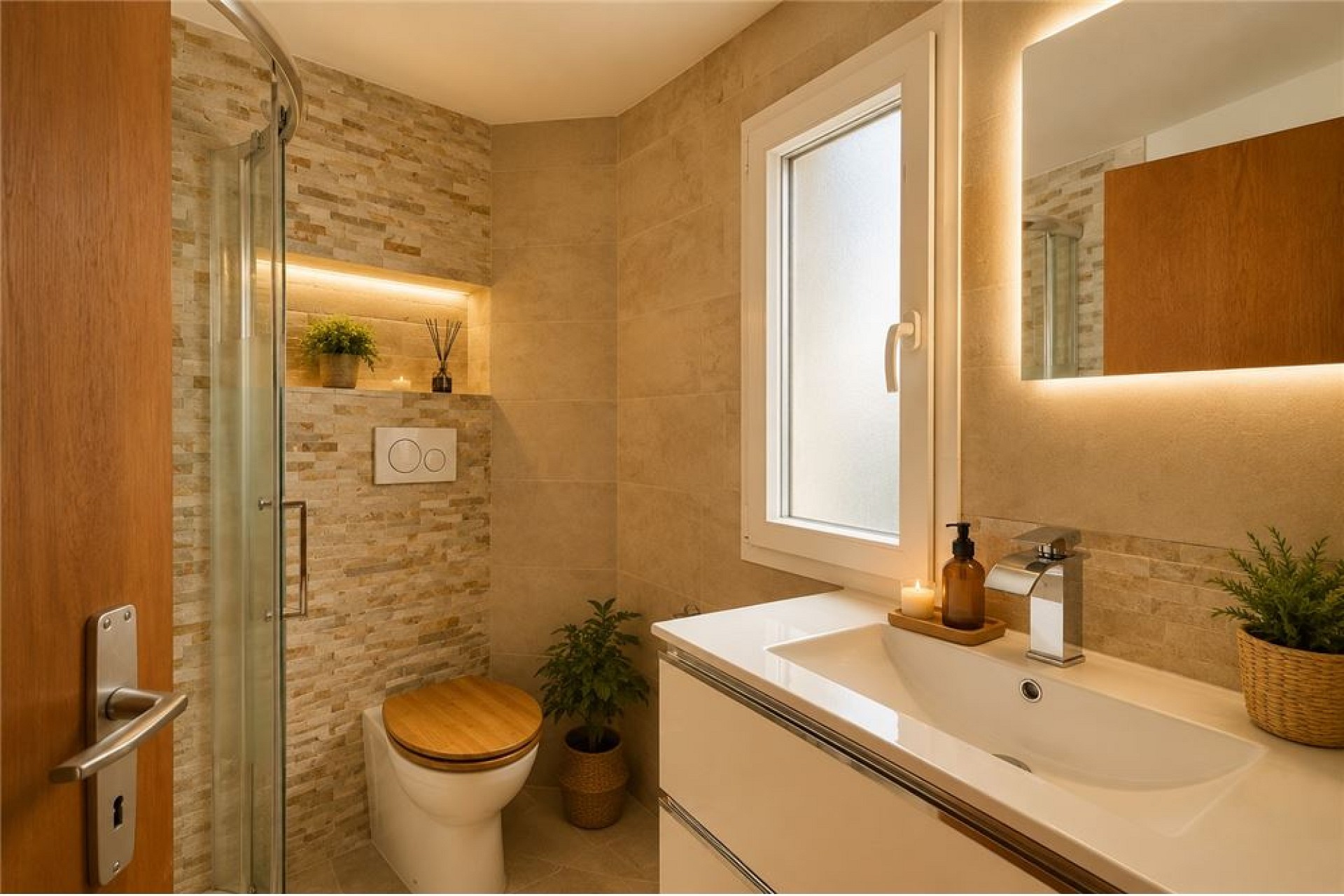 Modernes Badezimmer mit begehbarer Dusche und Waschtisch