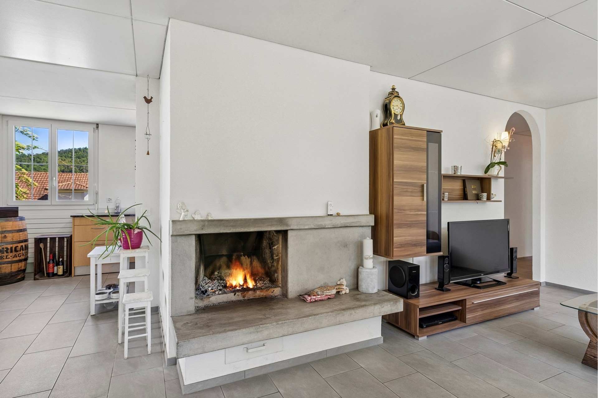 Wohnzimmer mit Kamin und TV-Wand