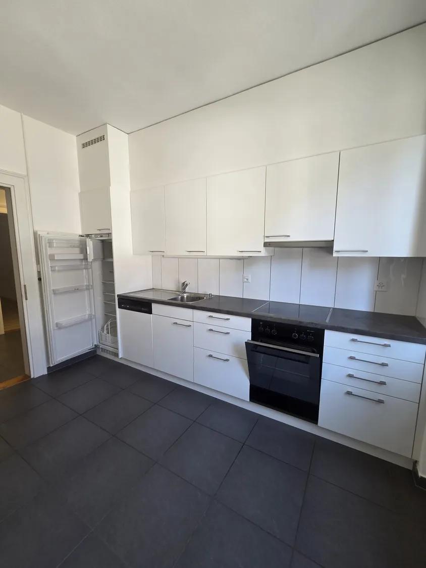 Moderne weiße Küche mit dunklem Fliesenboden