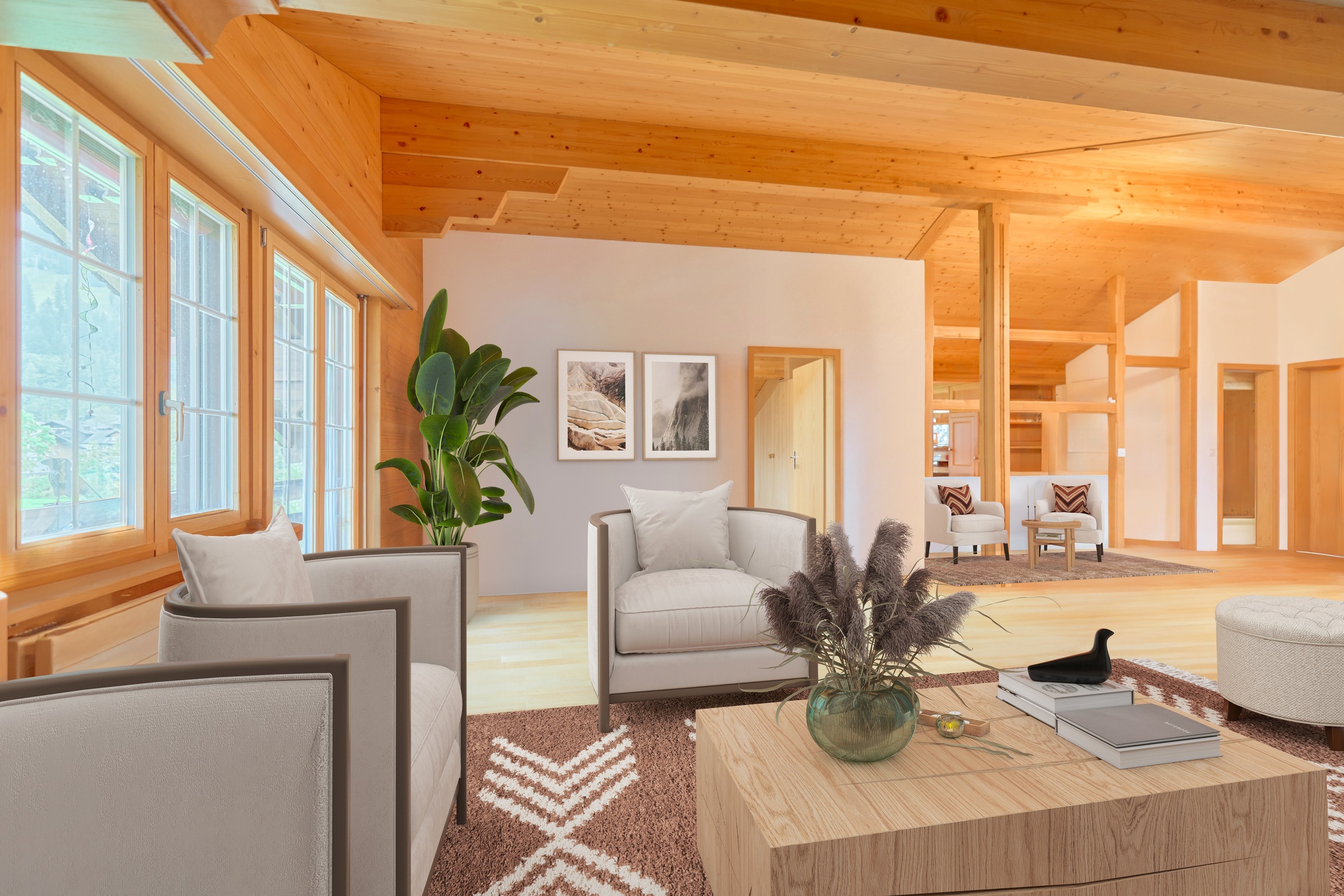 Heller, holzgeprägter Wohnbereich mit Lounge-Möbeln
