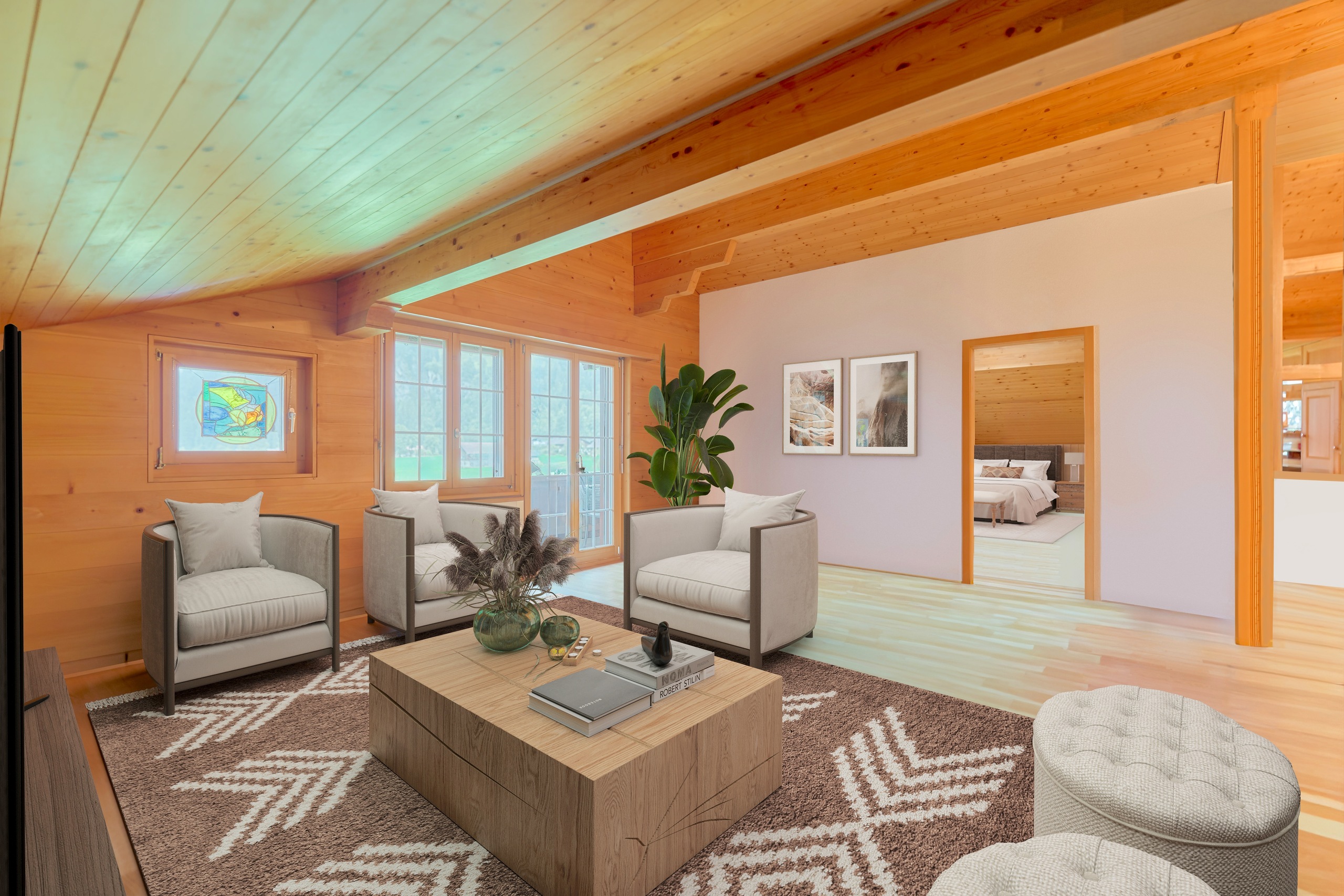 Gemütlicher Wohnbereich im Holzinterieur