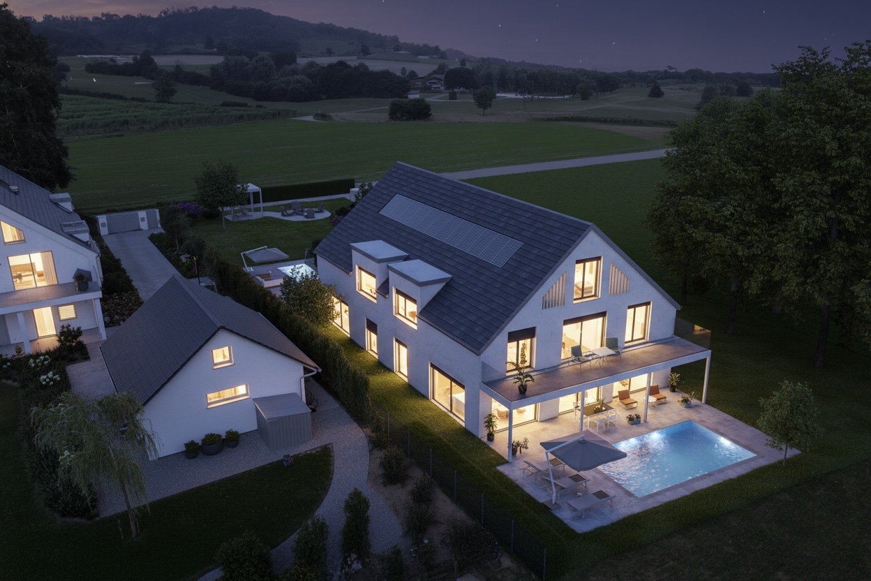 Luftaufnahme eines modernen Landhauses mit Pool