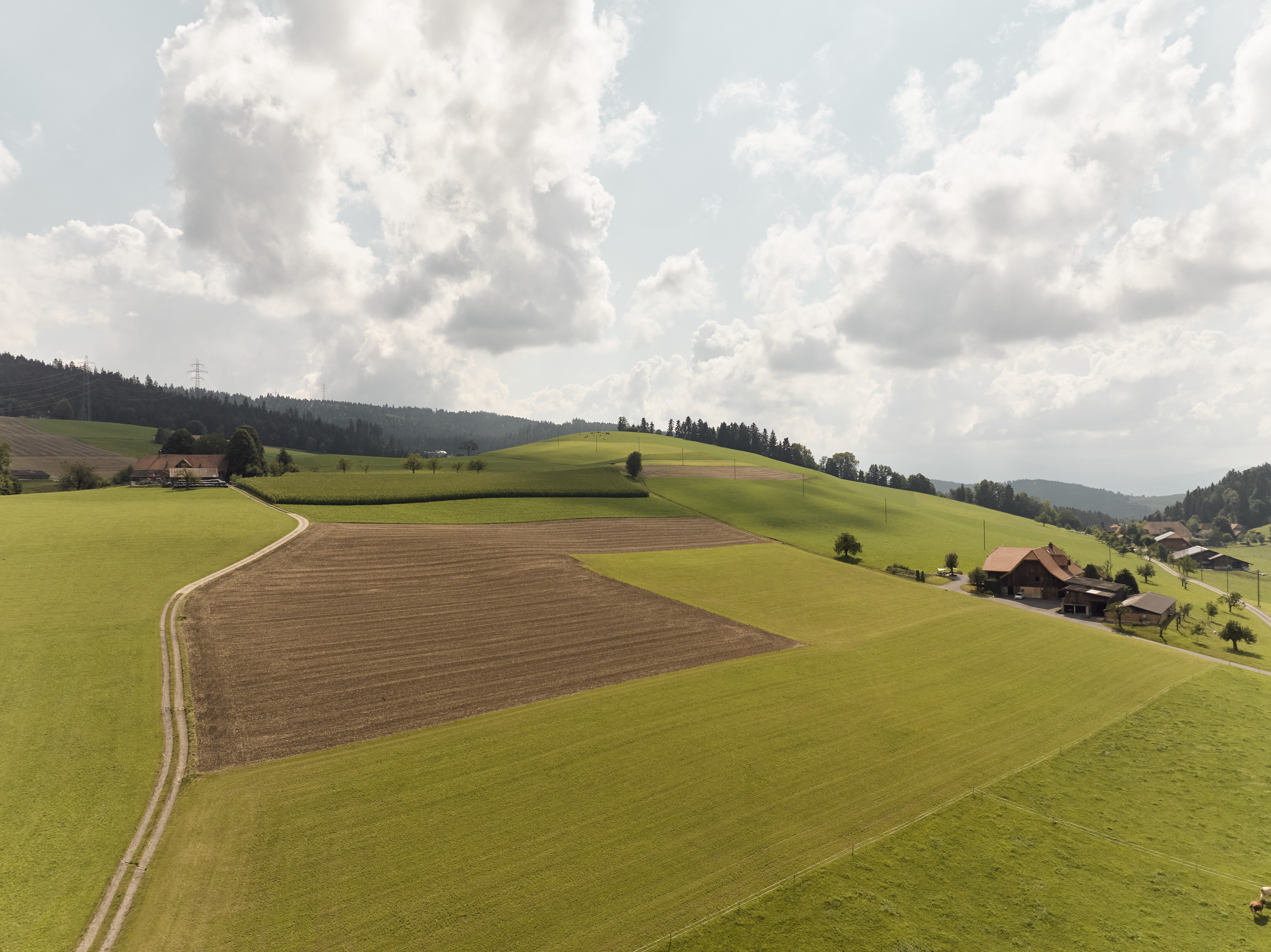 Ländliche Luftaufnahme mit Hügeln und Feldern