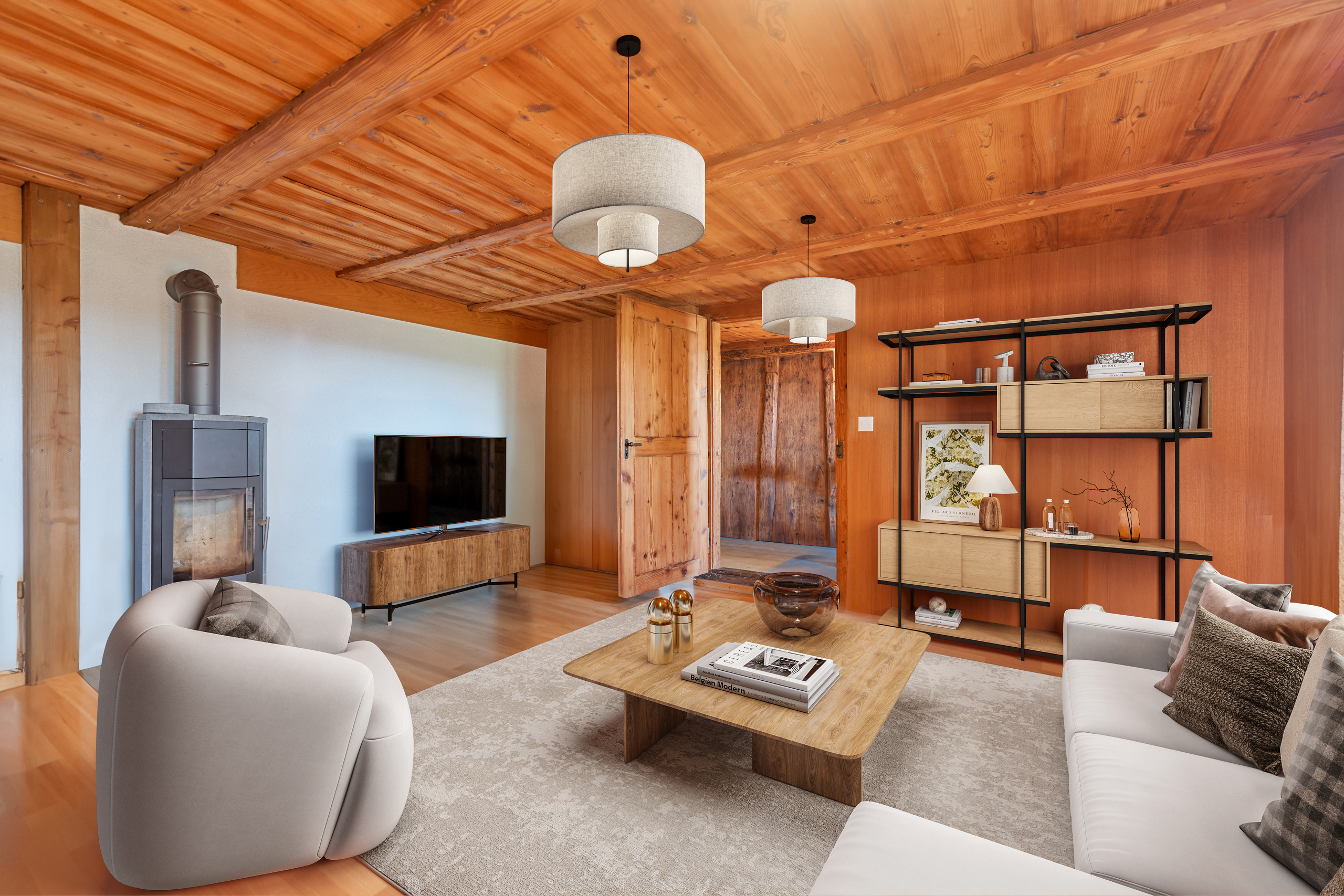 Gemütliches Wohnzimmer mit Holzdecke
