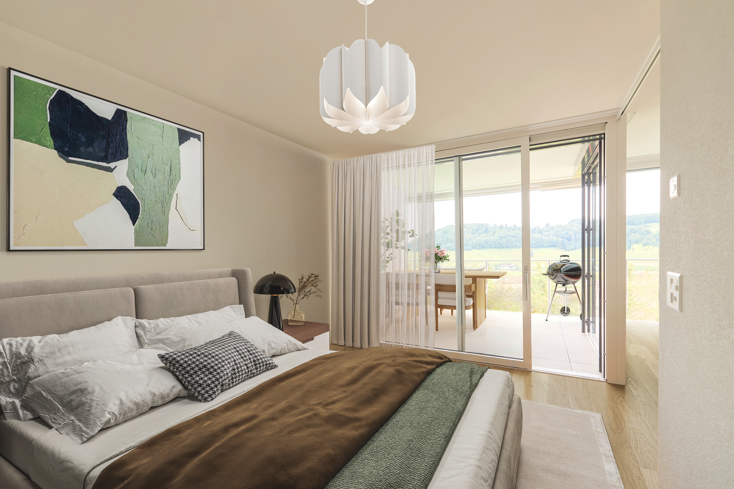 Helles Schlafzimmer mit Balkonblick