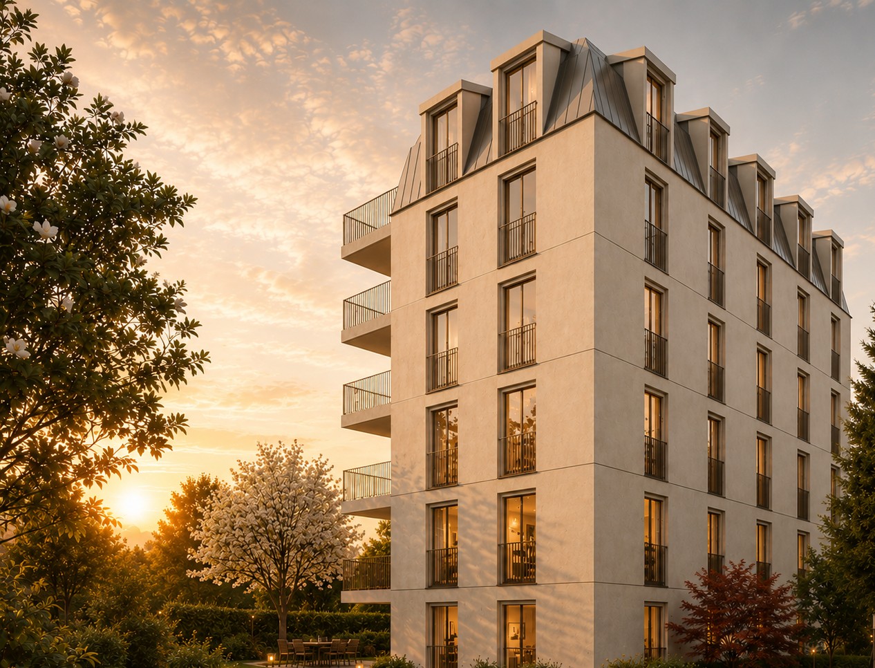 Modernes Mehrfamilienhaus im Abendlicht