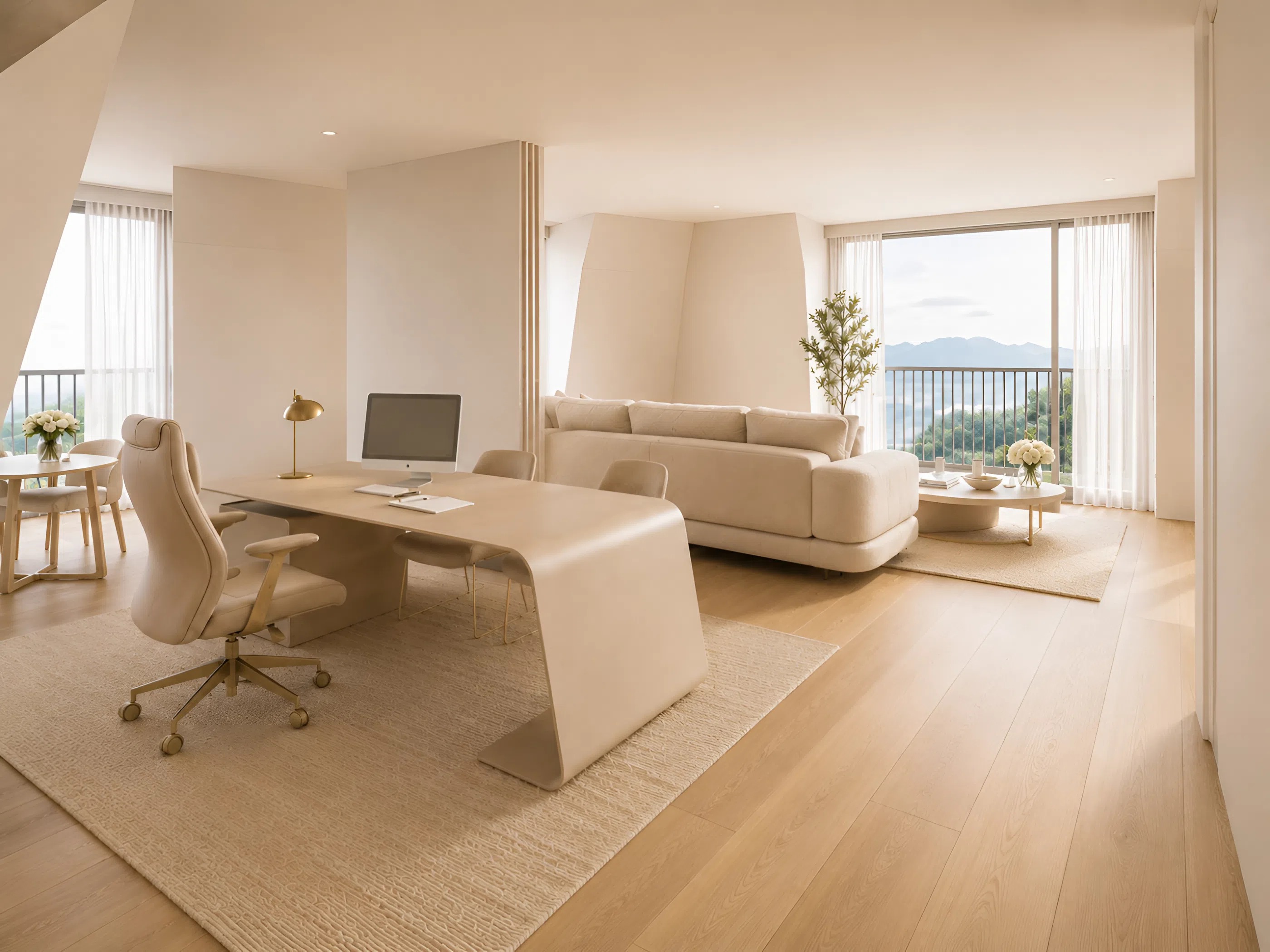 Helles, minimalistisches Wohn- und Arbeitszimmer mit Balkonblick
