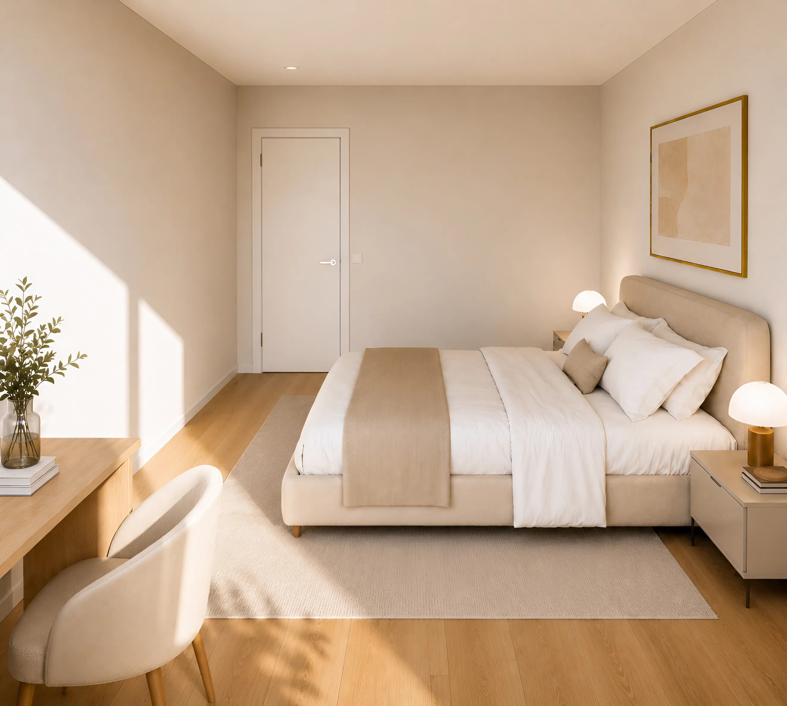 Helles, minimalistisches Schlafzimmer in neutralen Beige- und Weißtönen