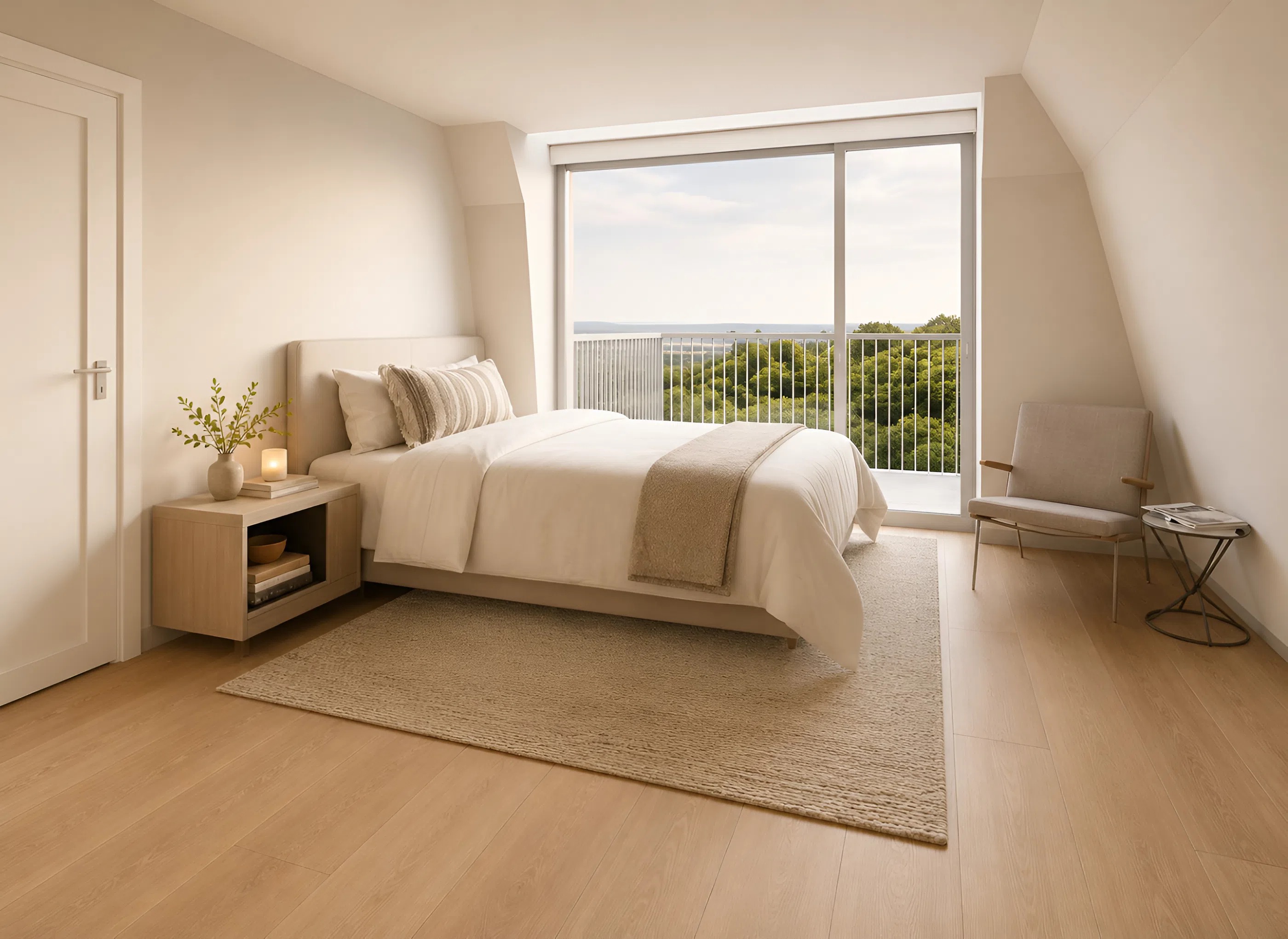 Helles, minimalistisches Schlafzimmer mit Balkonblick