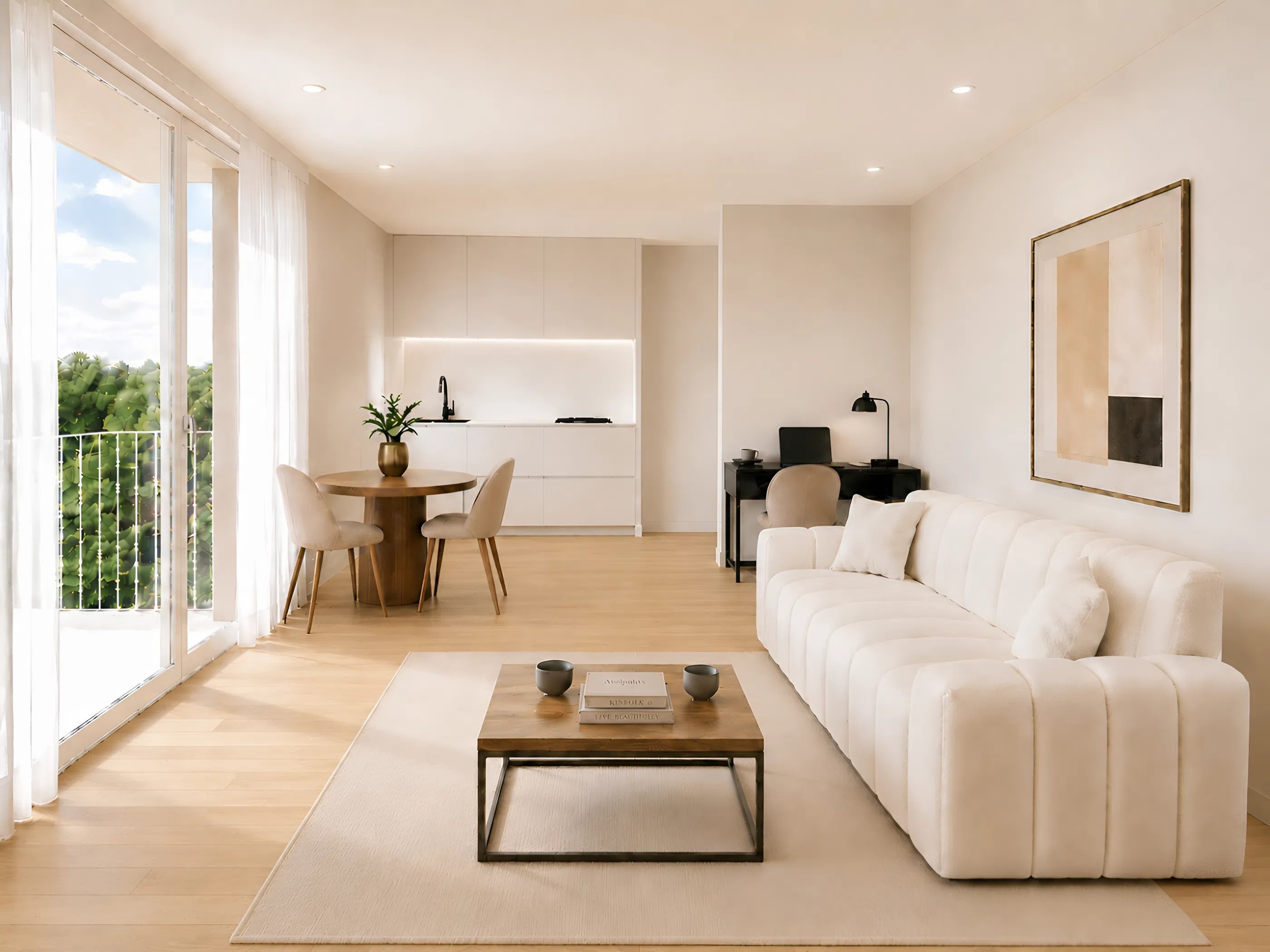 Helles, modernes Wohn- und Esszimmer mit offener Küche