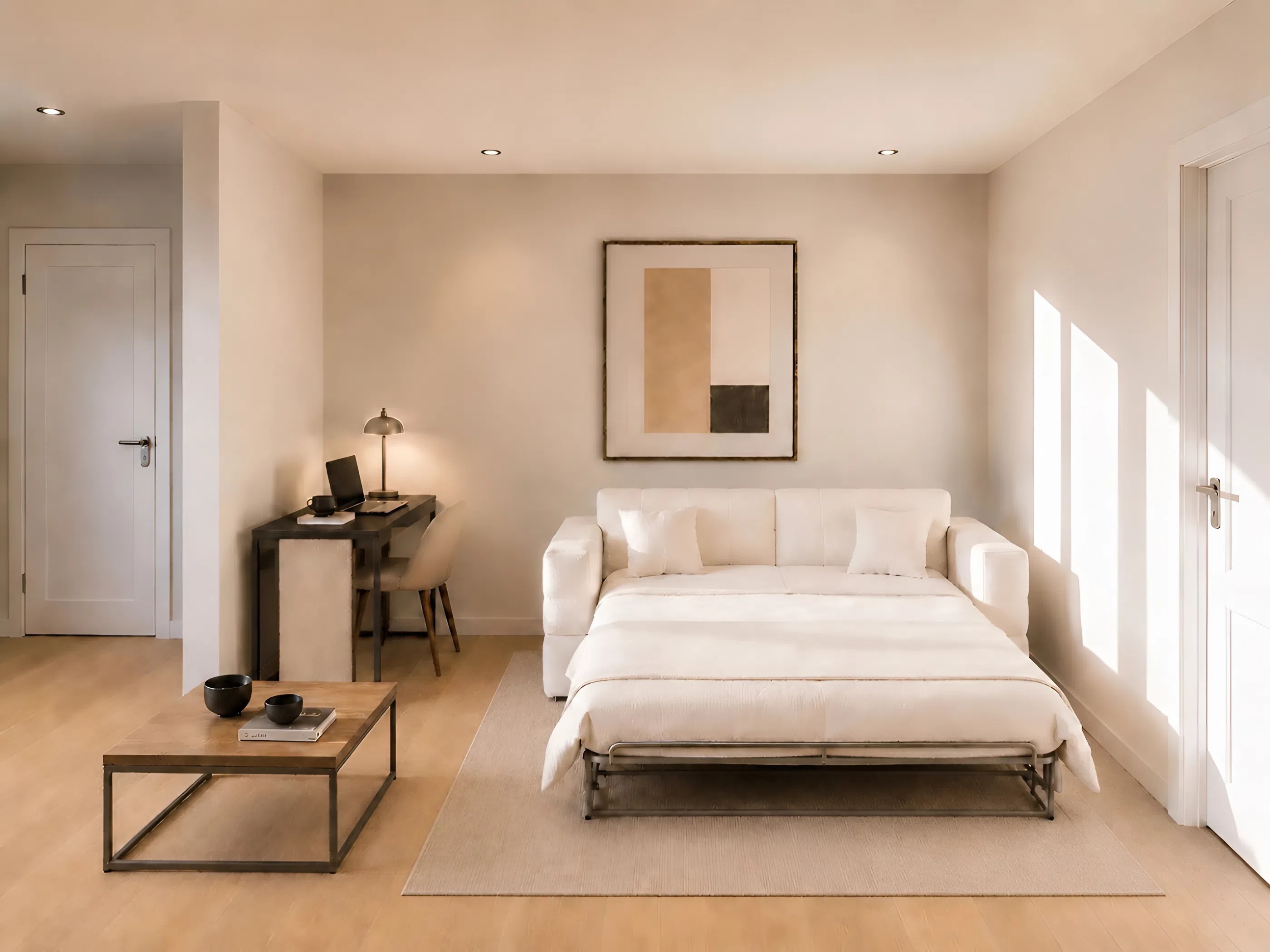 Helles, minimalistisches Schlafzimmer mit Tageslicht