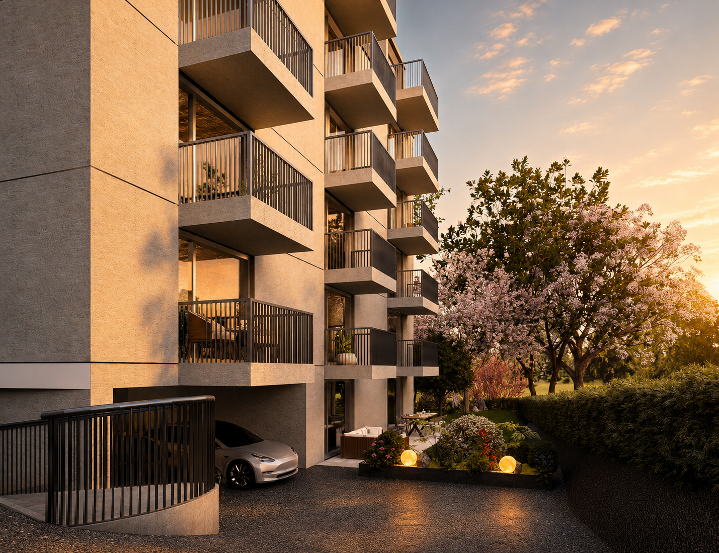 Modernes Wohngebäude mit Balkonen und Garten im Abendlicht