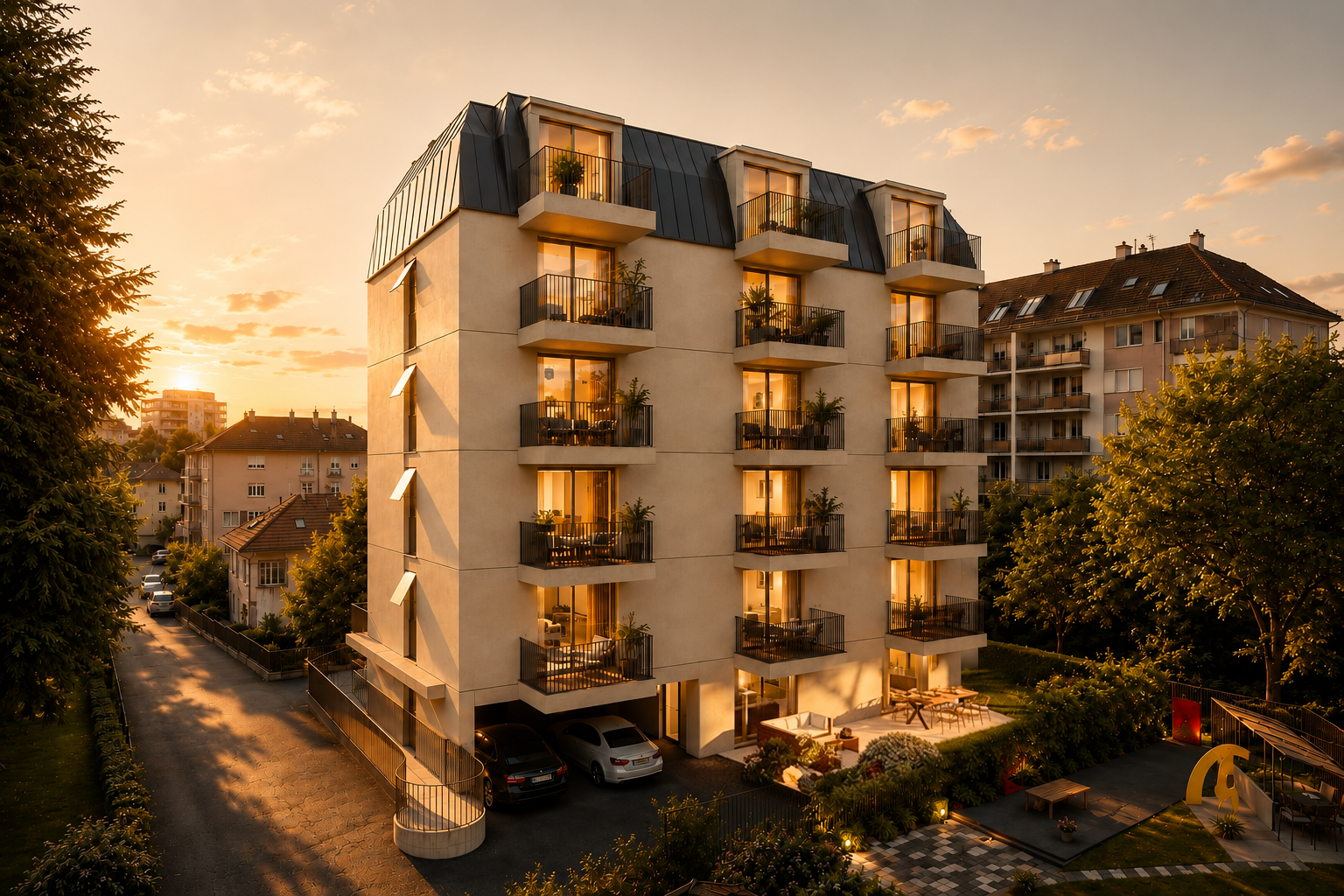 Modernes Mehrfamilienhaus im Abendlicht