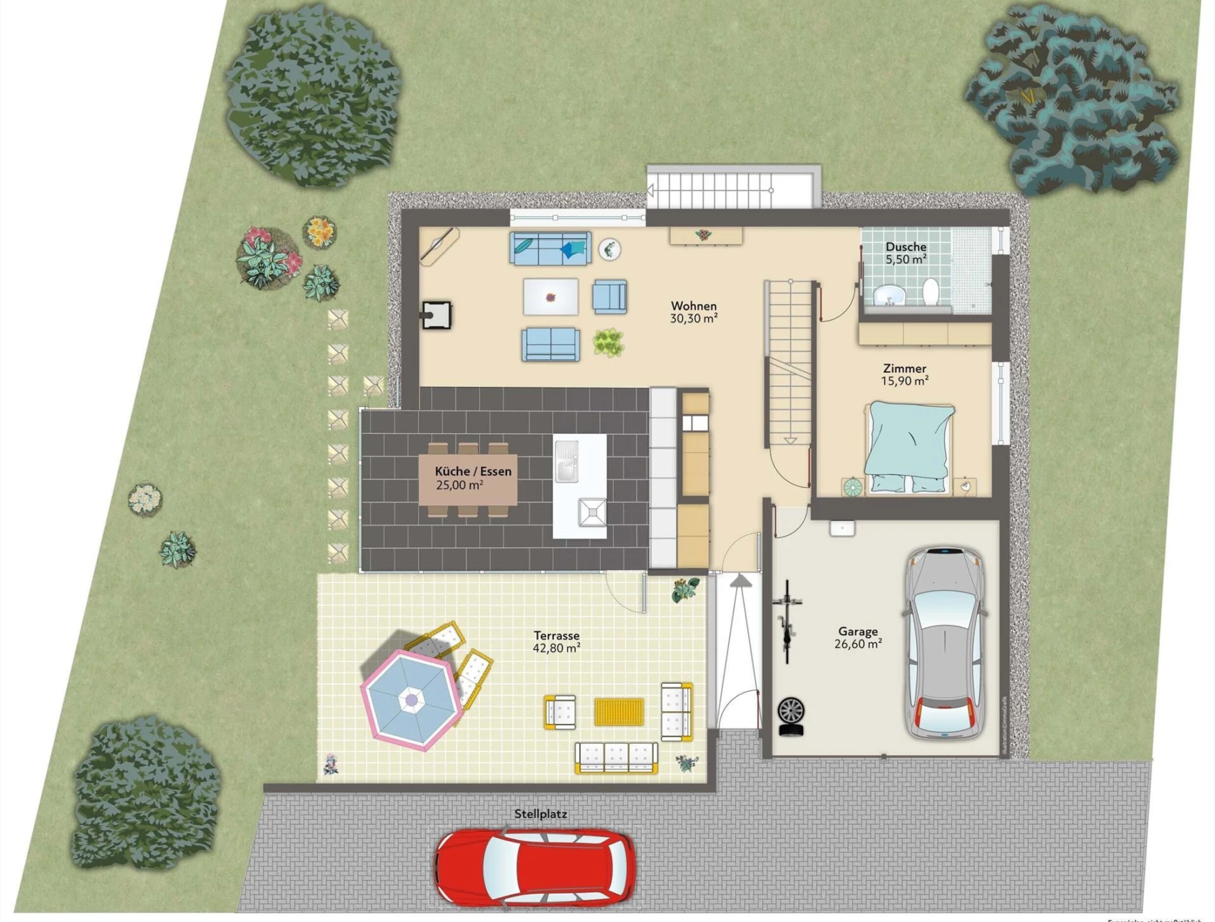 Grundriss eines Hauses mit Terrasse, Garage und Stellplatz