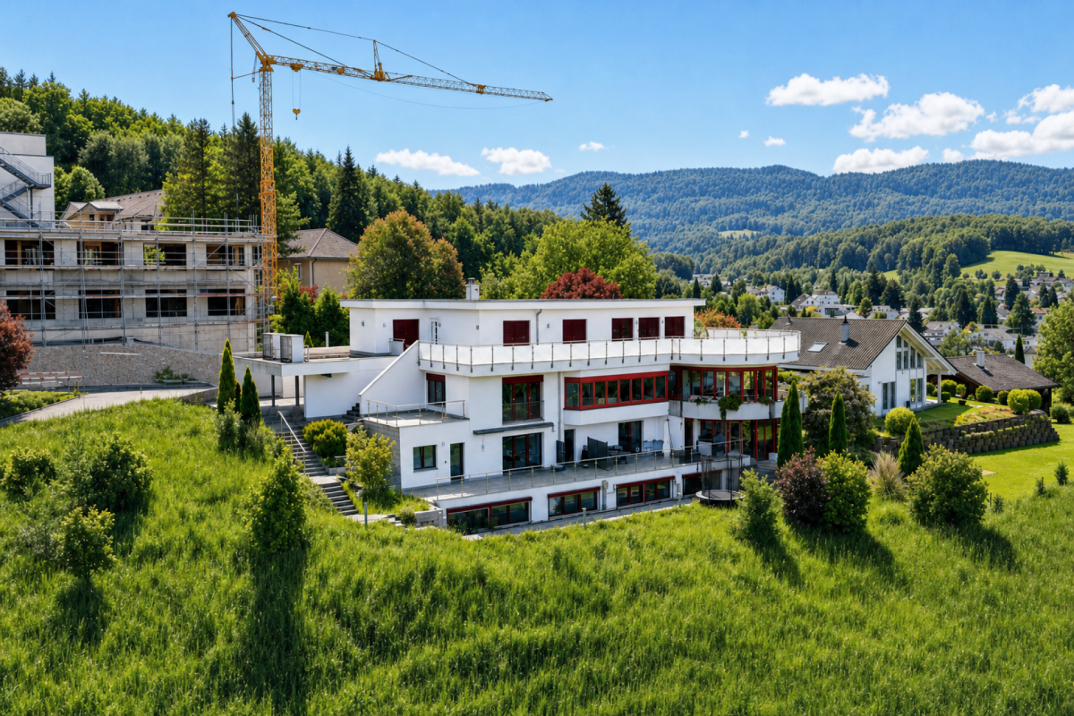 Modernes Wohnhaus in Hanglage mit Baukran