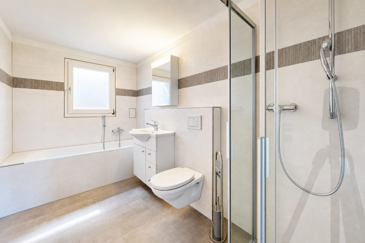 Helles modernes Badezimmer mit Badewanne, Dusche und wandhängendem WC