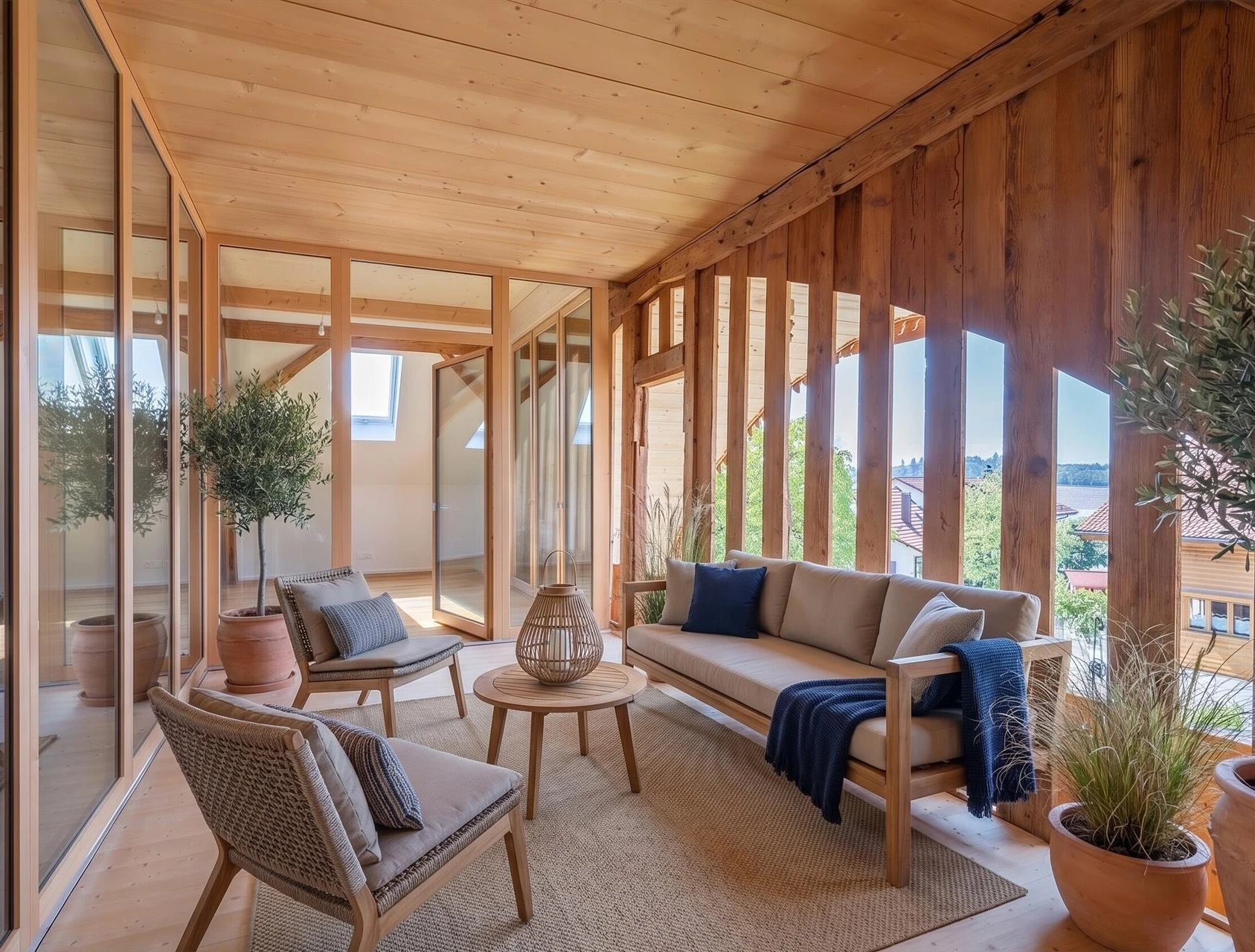 Heller Holz-Balkon mit Sitzgruppe