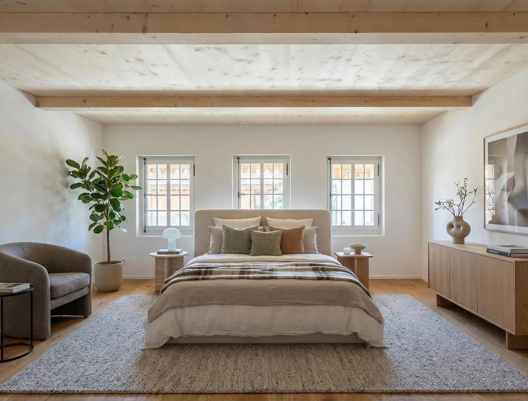 Helles Schlafzimmer mit natürlicher Holzdecke und drei Fenstern