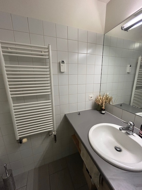 Helles Badezimmer mit Waschbecken und Handtuchheizkörper
