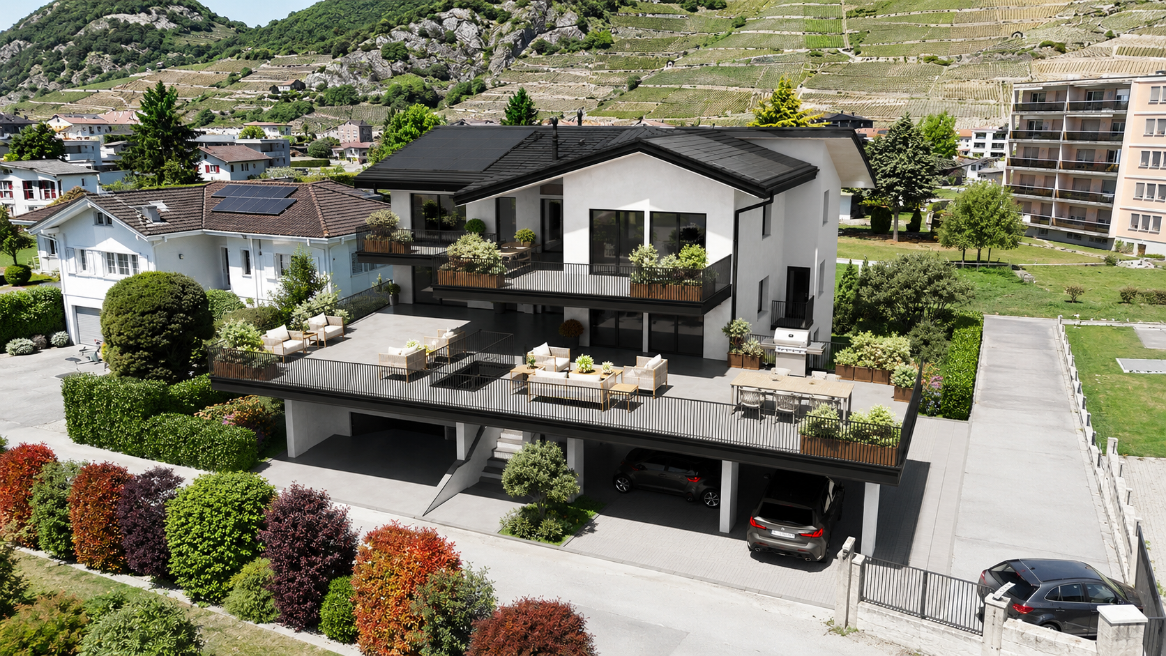 Moderne Villa mit großen Terrassen und Bergblick