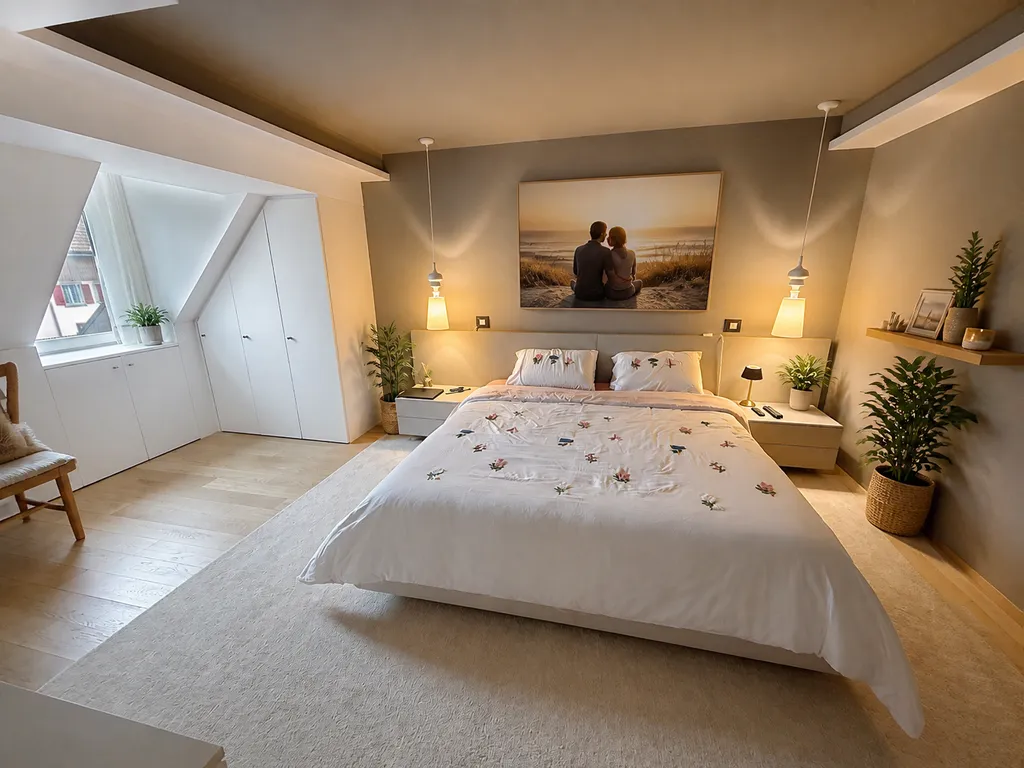 Gemütliches Dachgeschoss-Schlafzimmer mit Staging