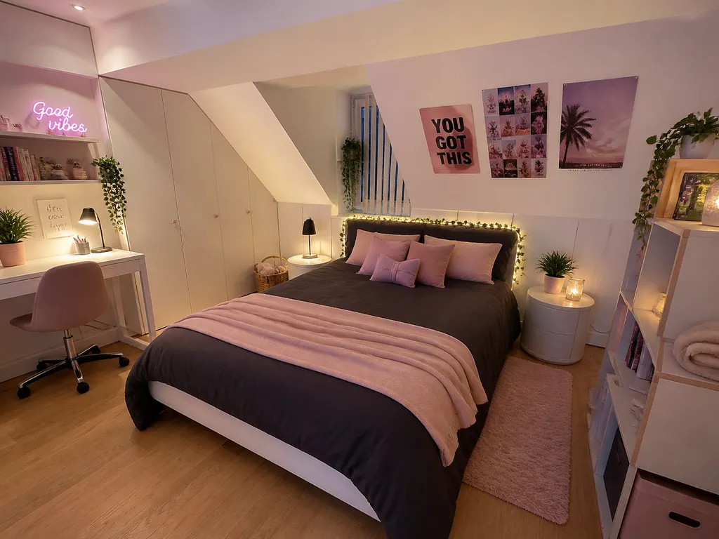 Gemütliches Schlafzimmer mit rosa Akzenten