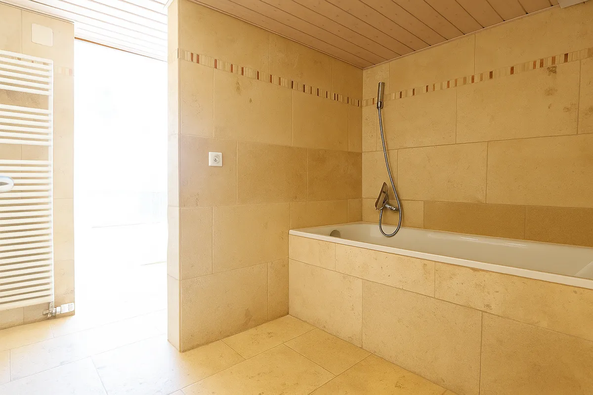 Modernes Badezimmer mit Badewanne und beigem Naturstein