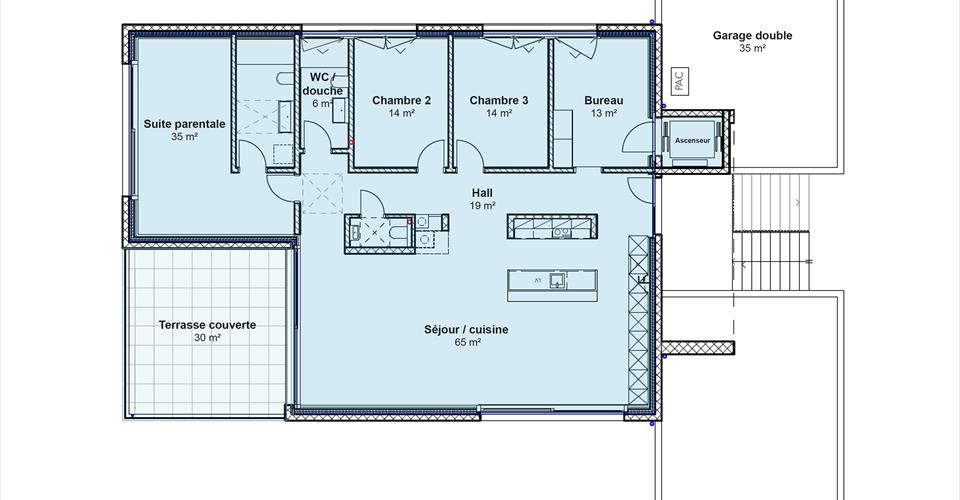 Grundriss einer großzügigen Wohnetage mit Terrasse und Doppelgarage