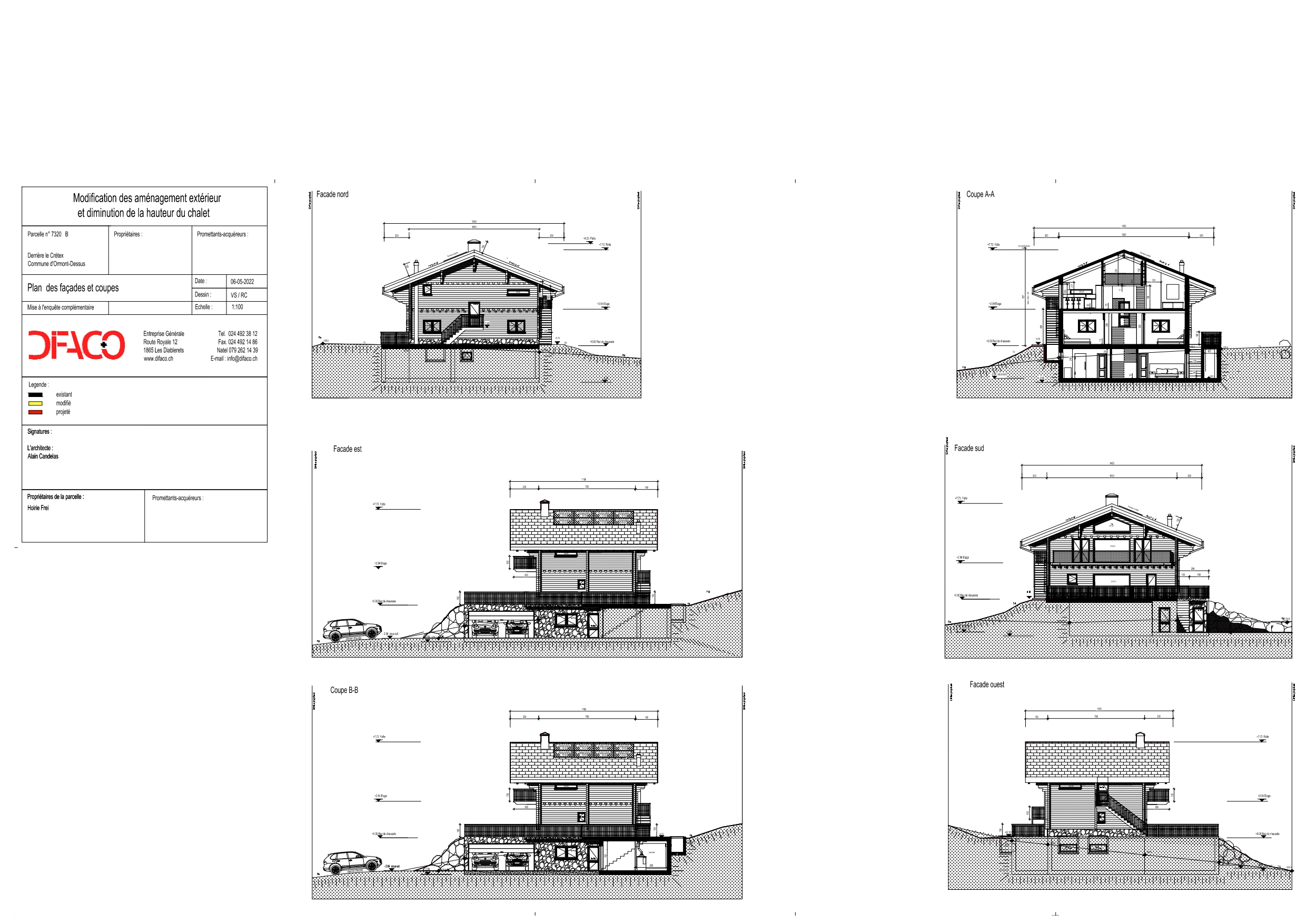 Architekturplan mit Fassaden und Schnitten