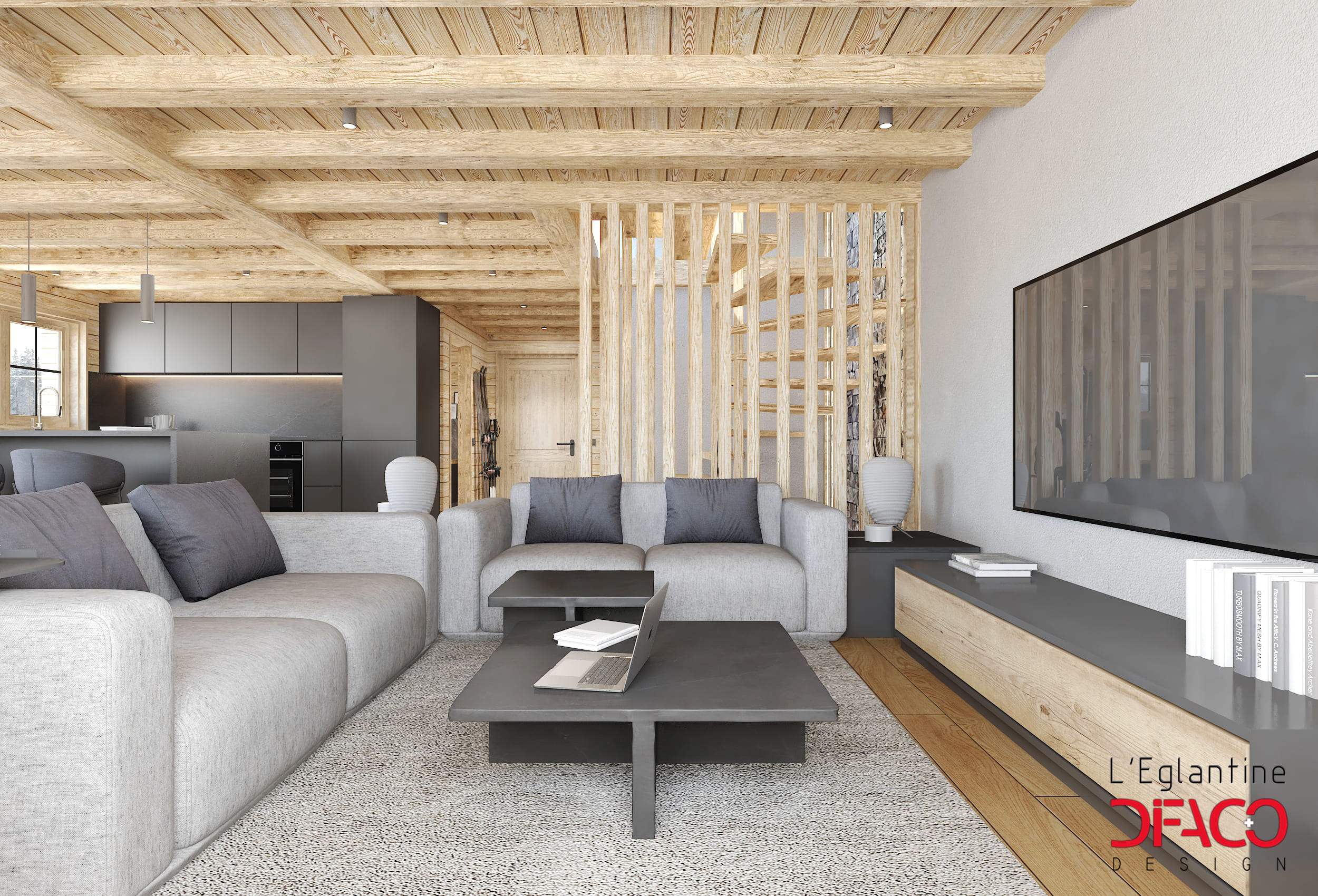 Offener Wohnbereich mit Holzdecke