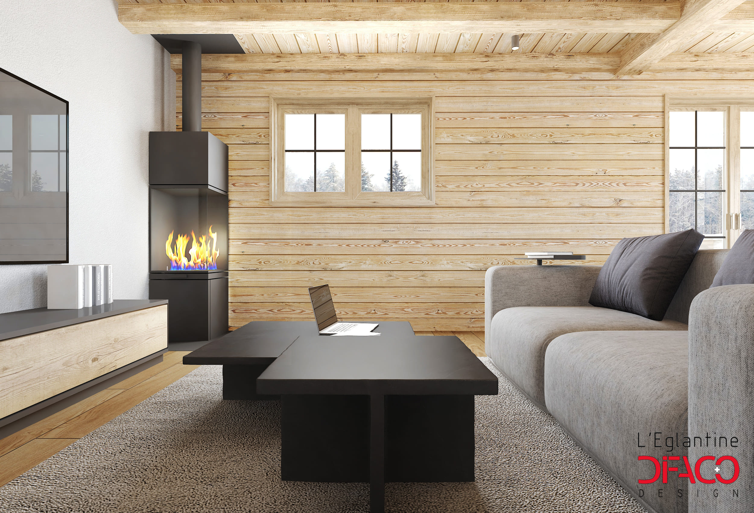 Gemütliches Wohnzimmer mit Kamin und Holzverkleidung