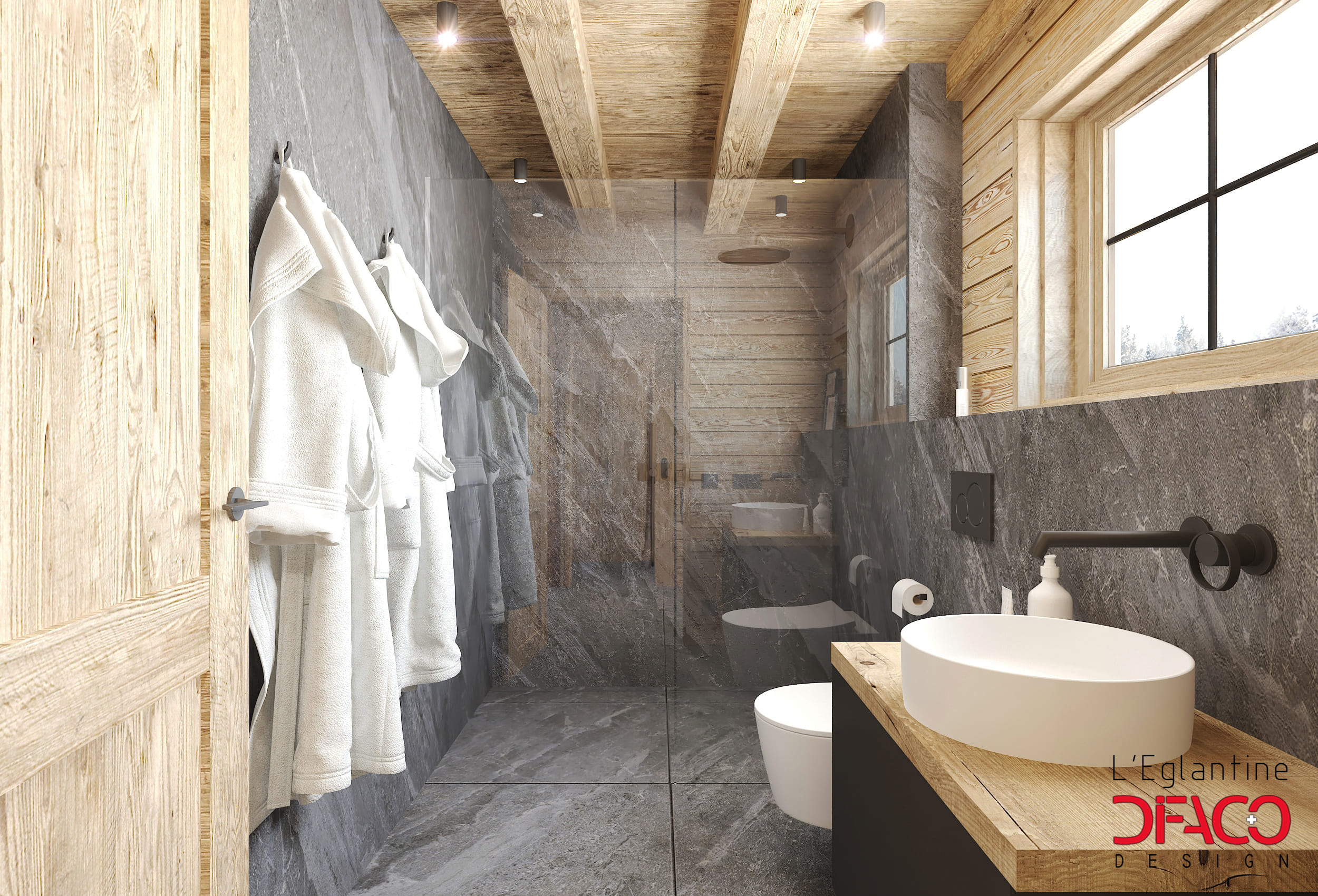 Modernes Badezimmer mit Naturstein und Holz