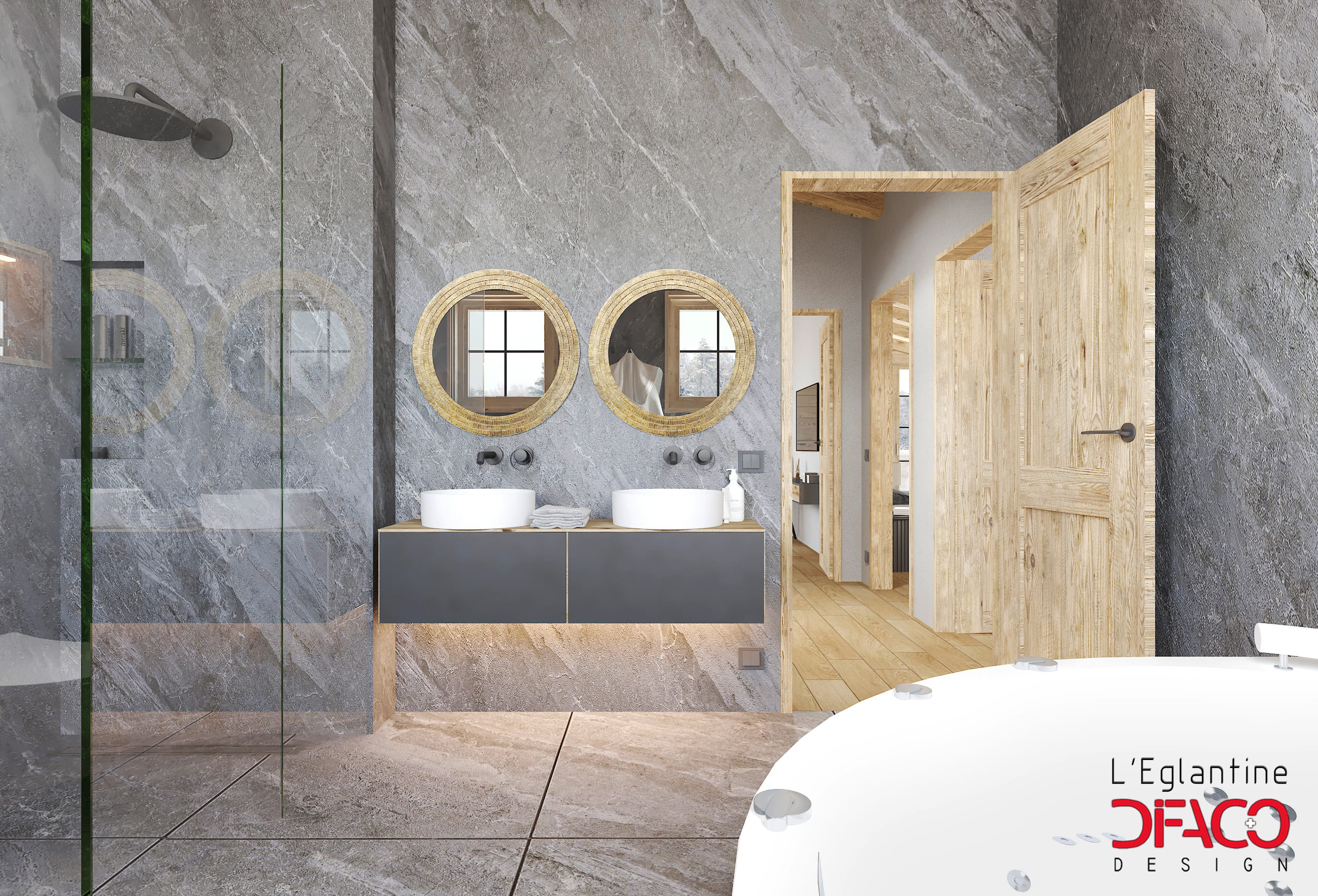 Luxuriöses Badezimmer mit Doppelwaschtisch und Rundspiegeln