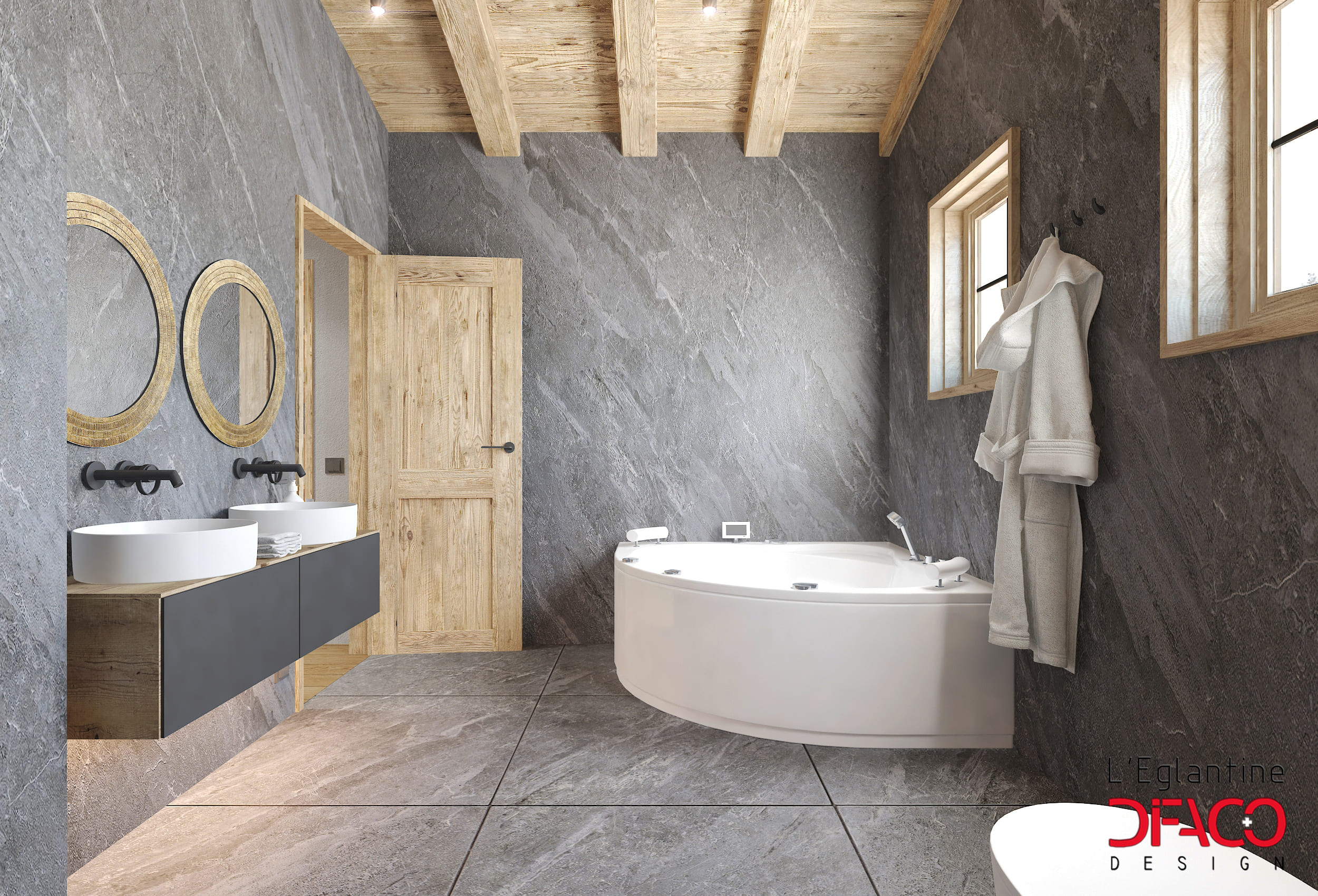 Modernes Badezimmer mit freistehender Wanne und Doppelwaschtisch