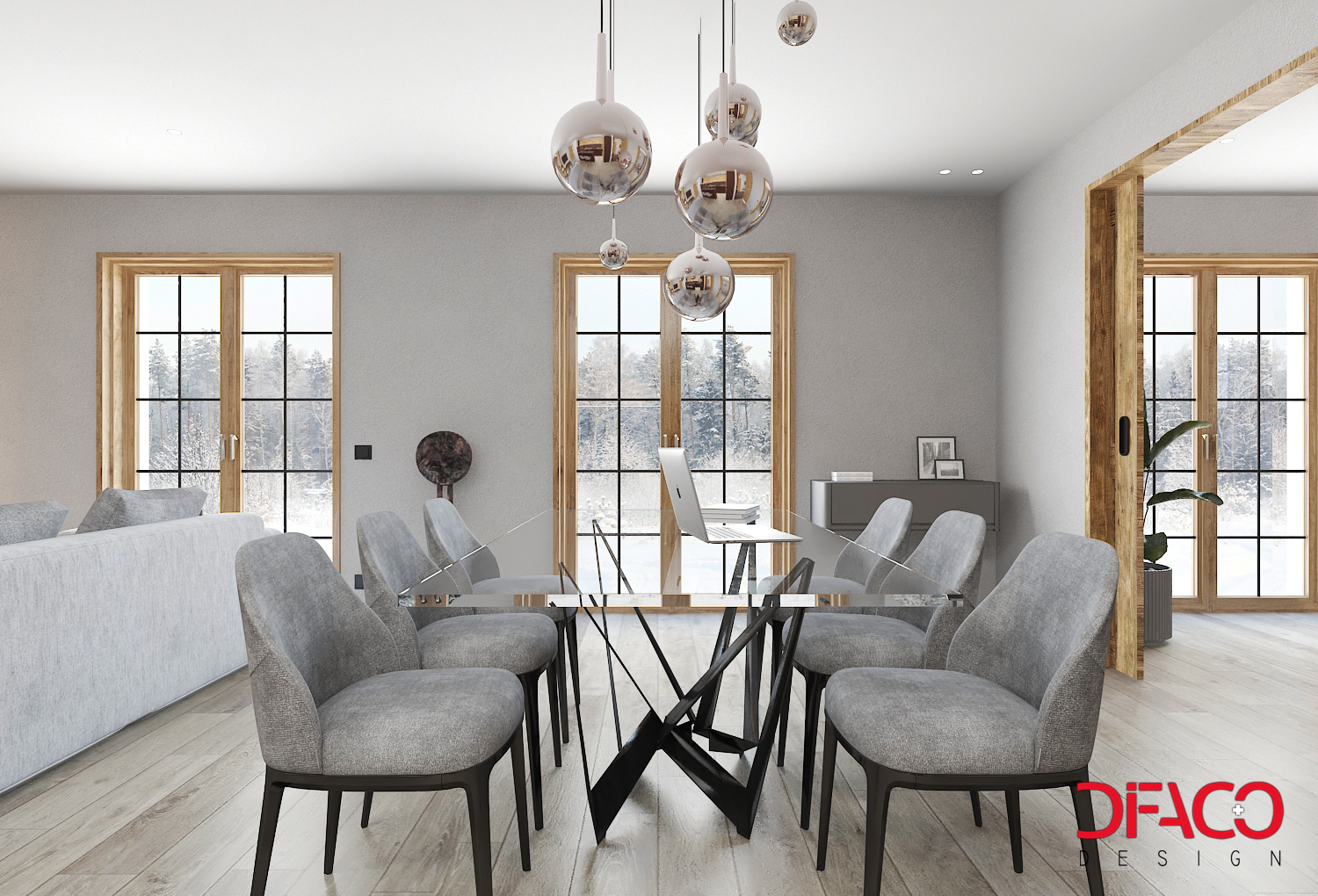 Modernes Esszimmer mit großem Fensteranteil