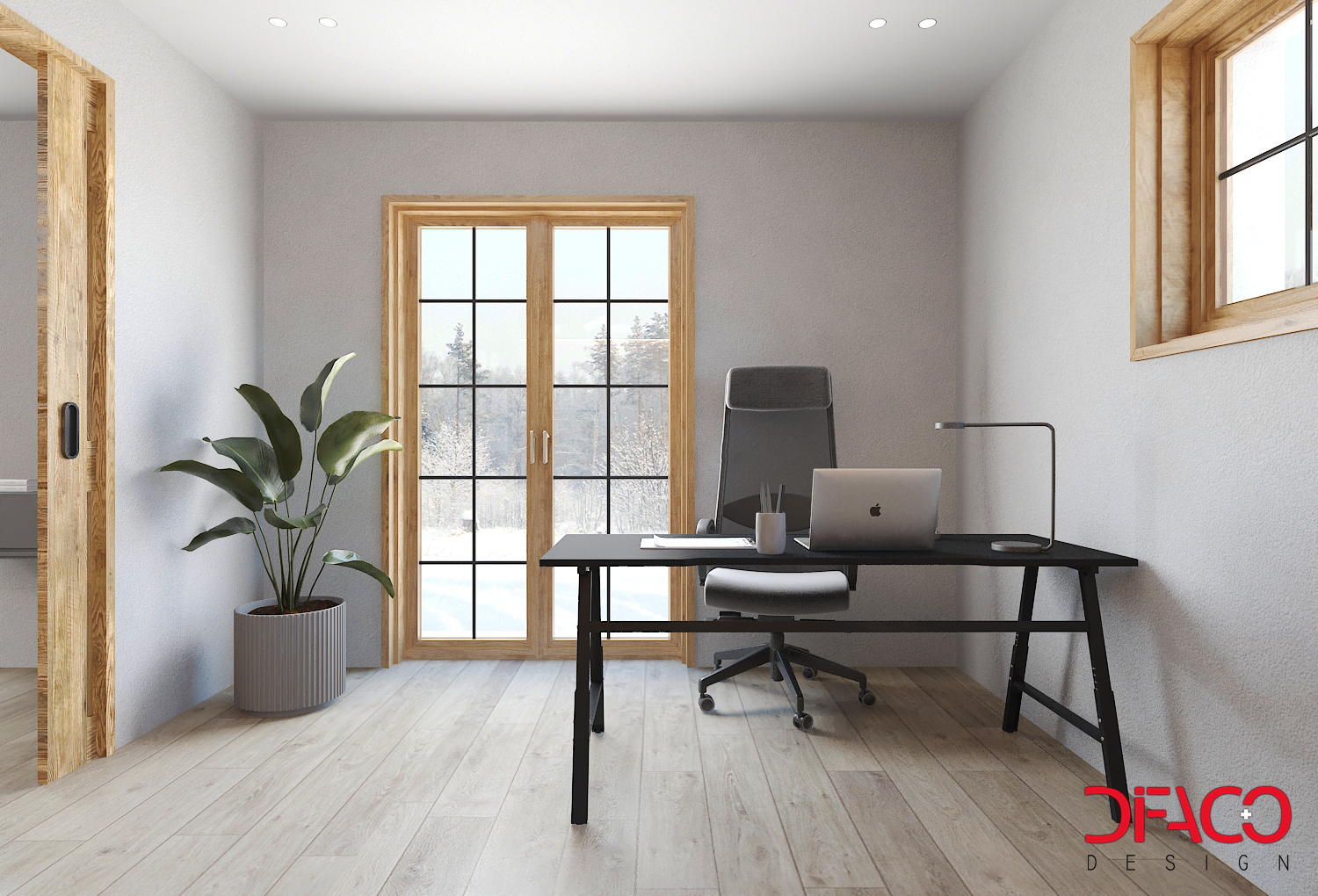 Modernes Arbeitszimmer mit Naturholzfenstern