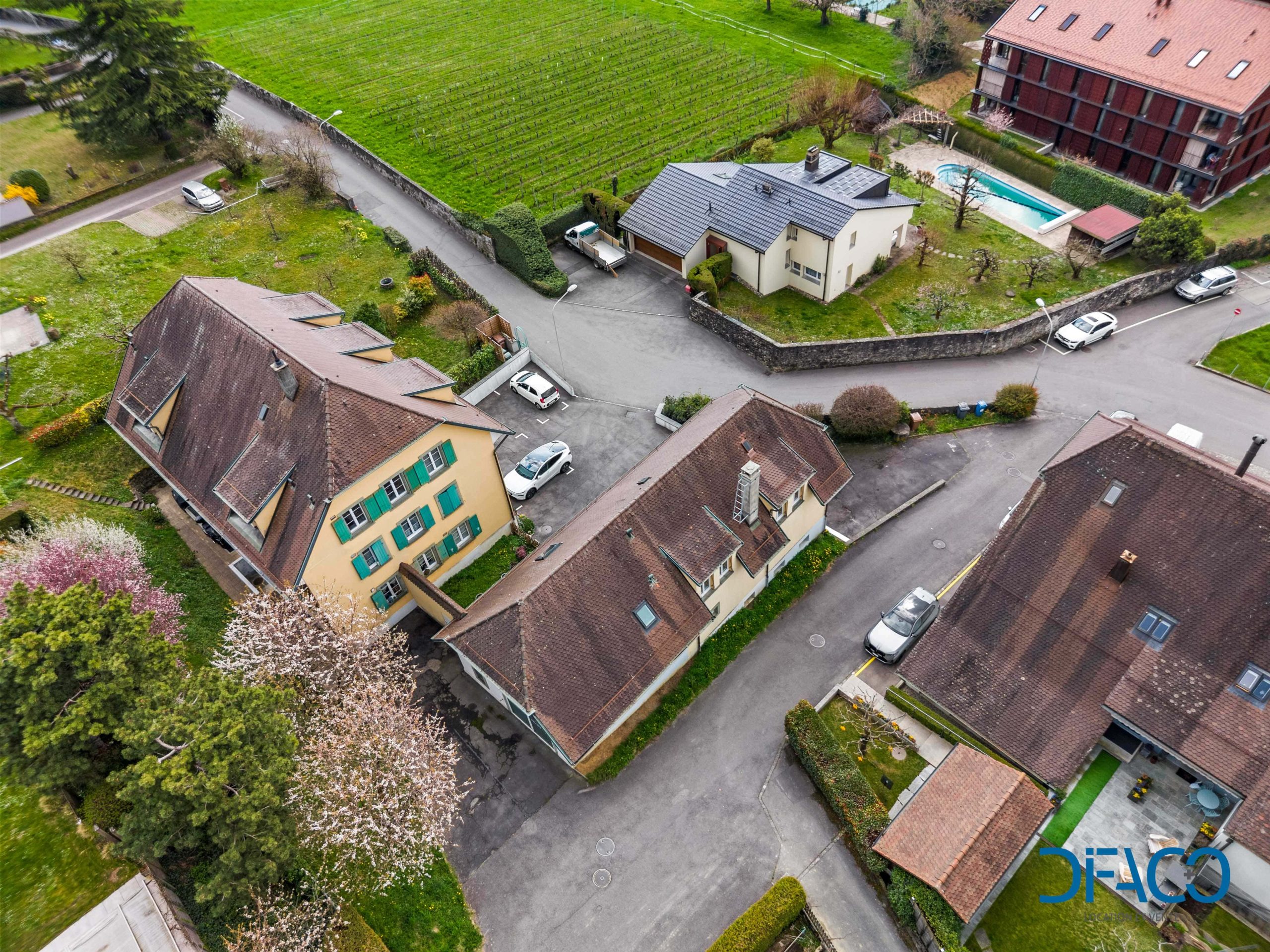 Luftaufnahme eines Wohnviertels mit Einfamilienhäusern und Gartenanlage