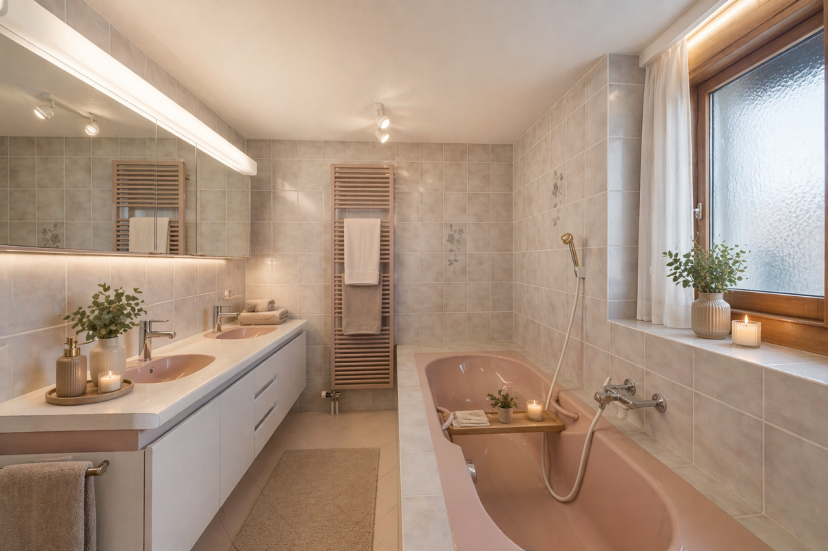 Helles Badezimmer mit Doppelwaschtisch und Badewanne