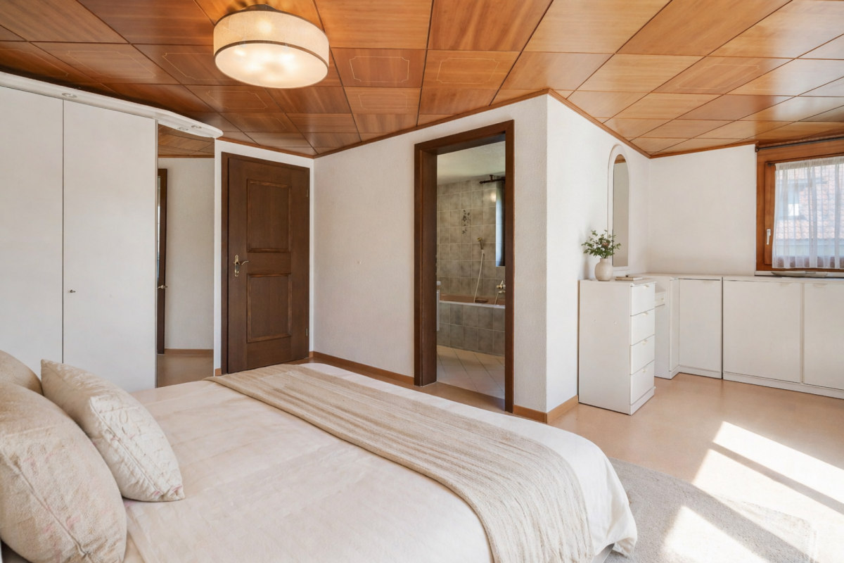 Helles Schlafzimmer mit Holzdecke