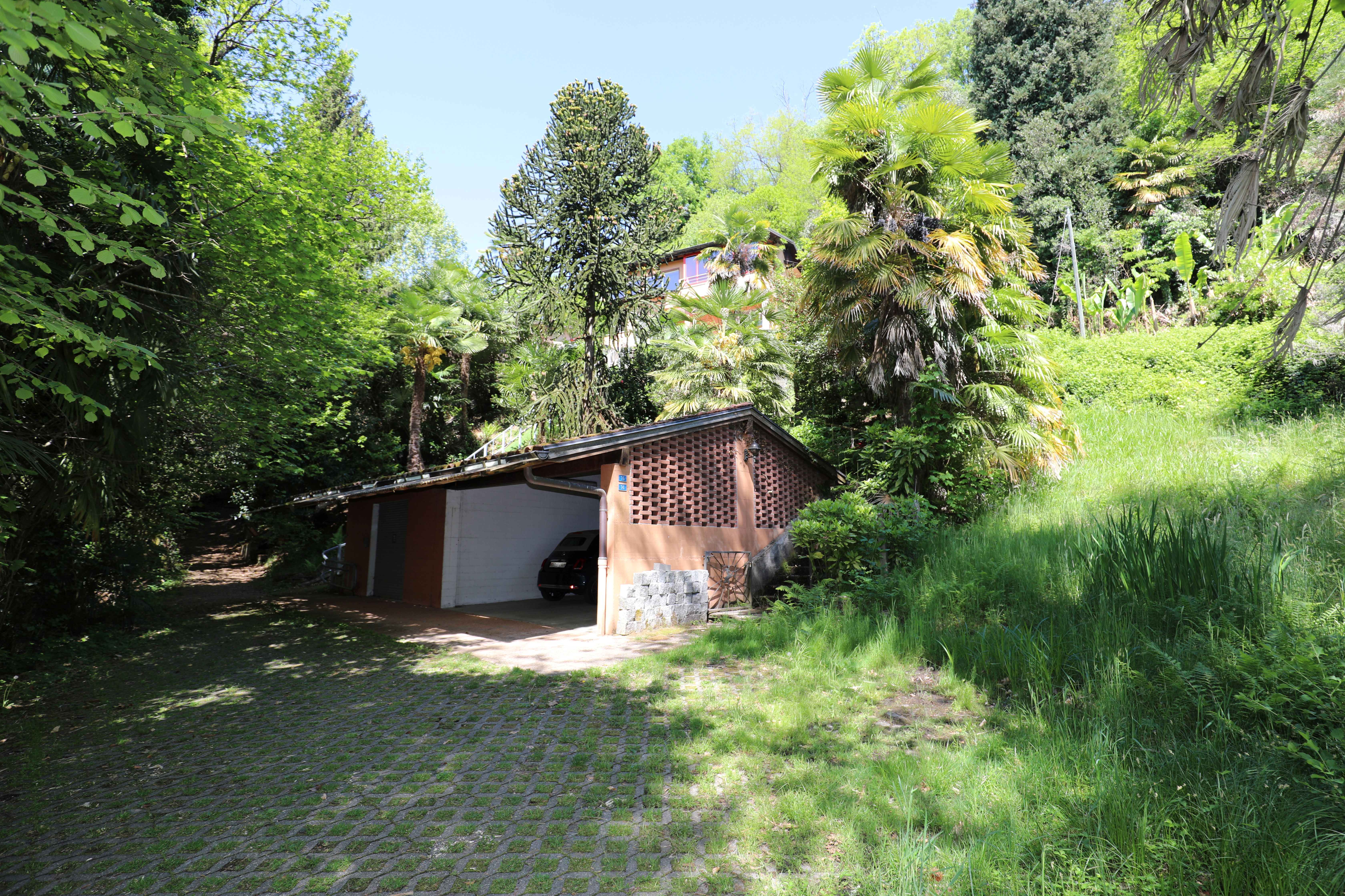 Üppig eingewachsene Außenansicht mit Garage