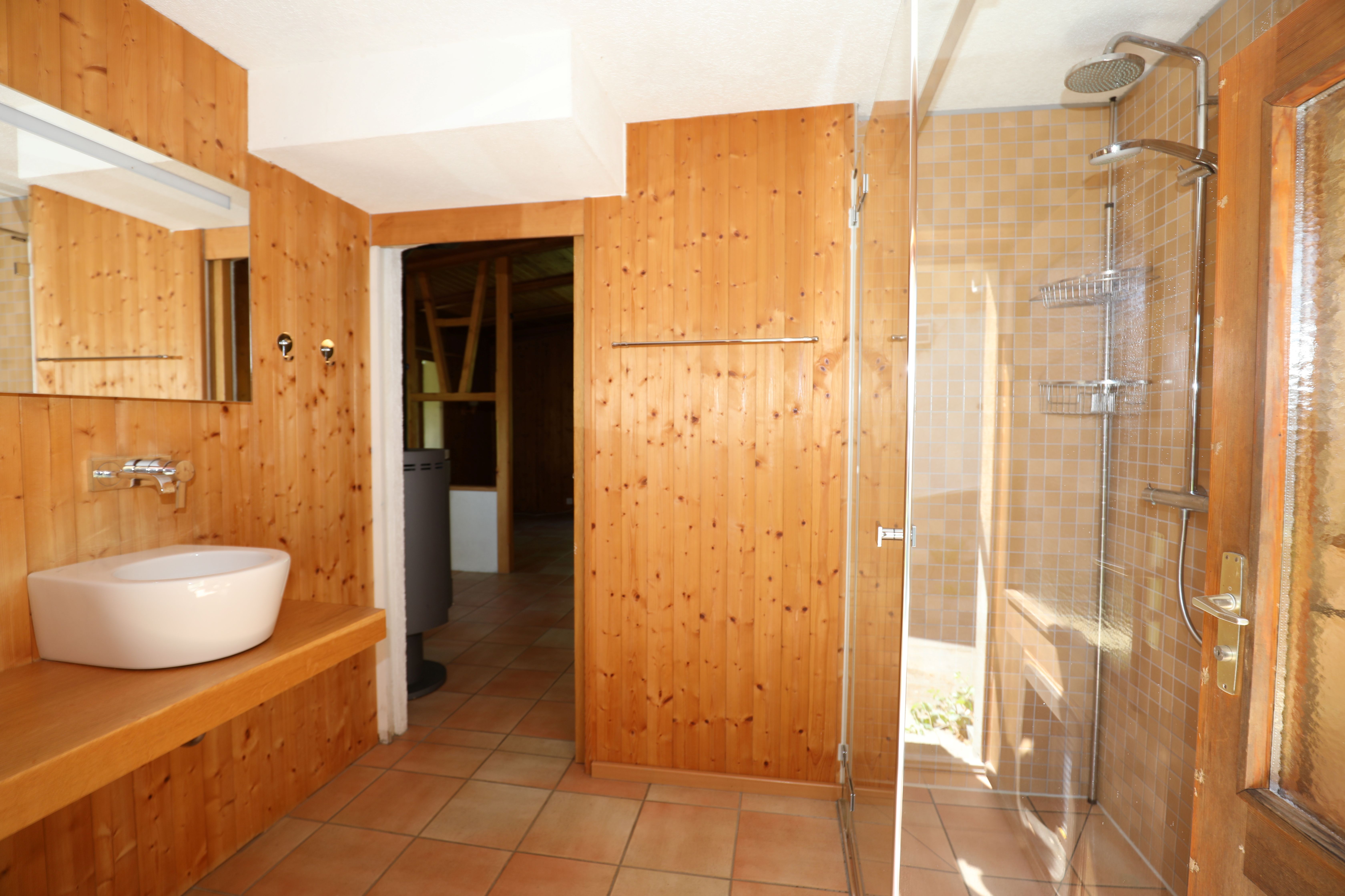Badezimmer mit Holzverkleidung